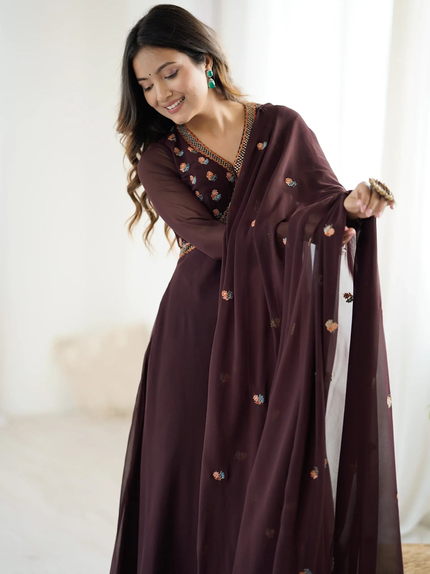 Brown Embroidered Georgette Designer Gown With Dupatta