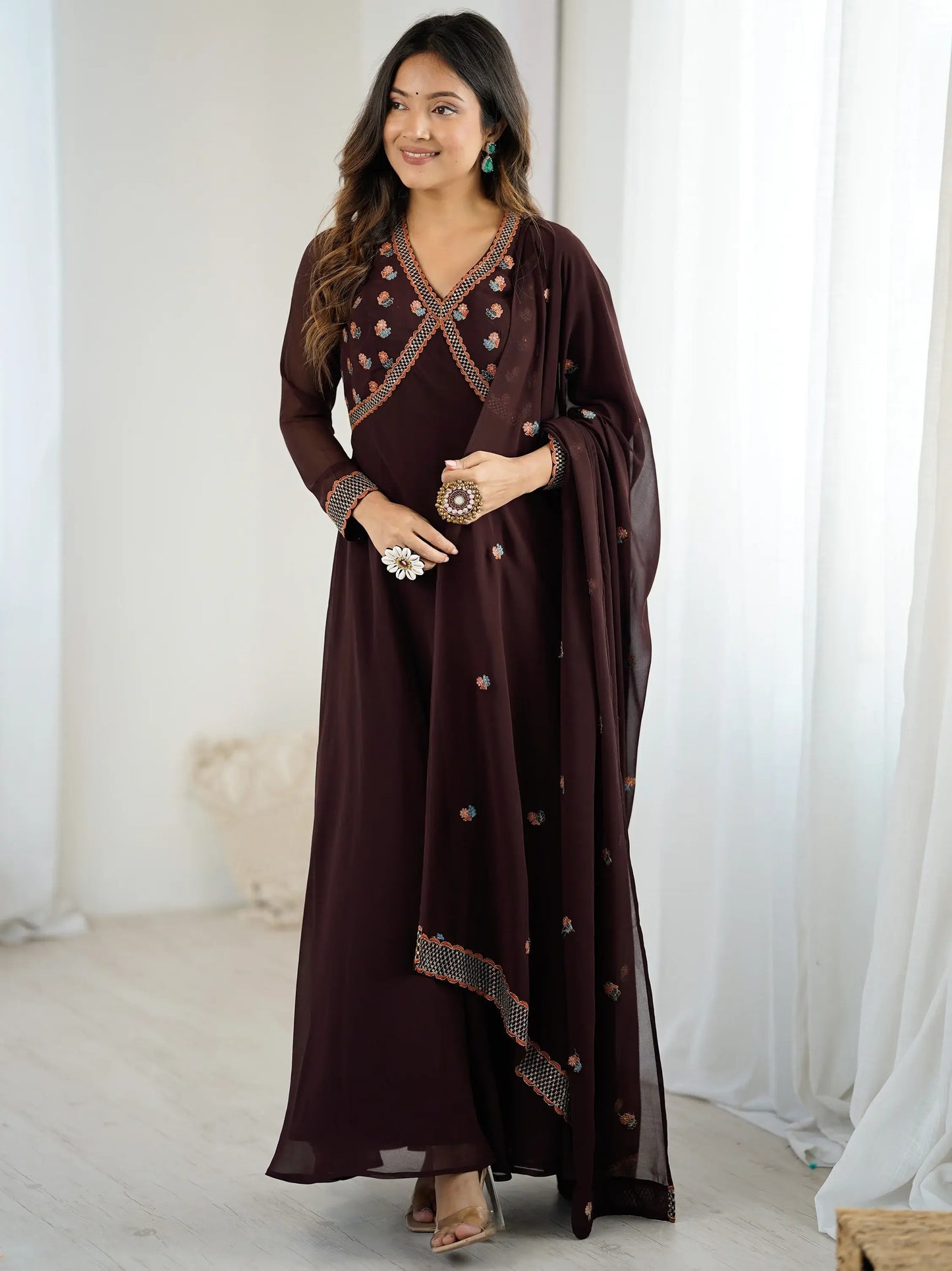 Brown Embroidered Georgette Designer Gown With Dupatta