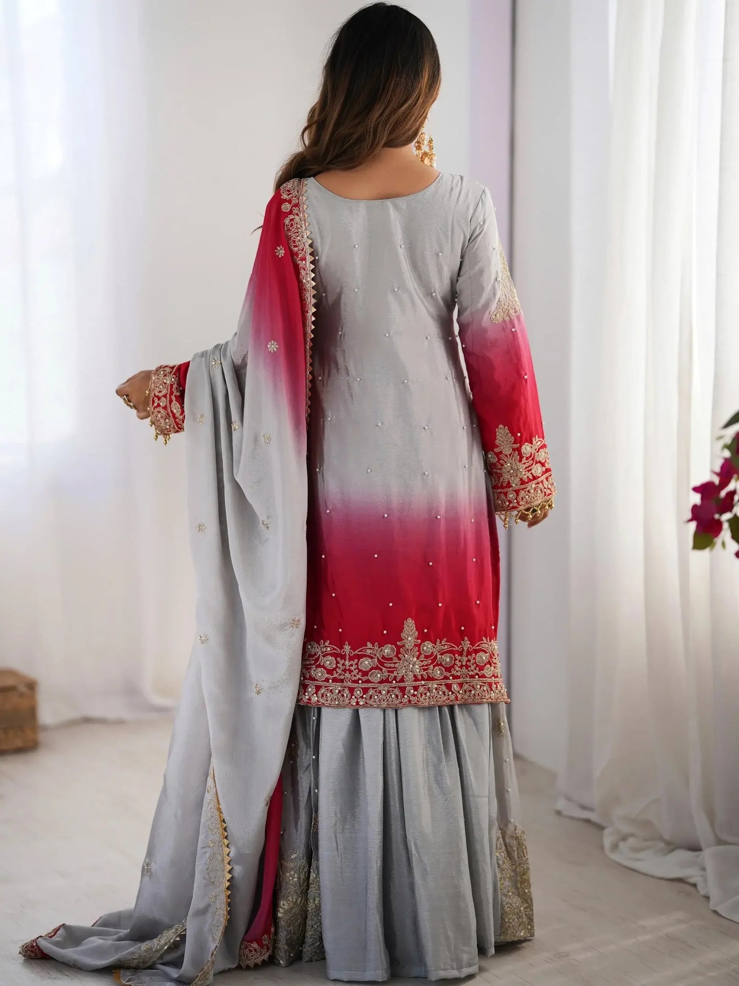 Grey Pearl Work Festive Wear Chinon Sharara Suit