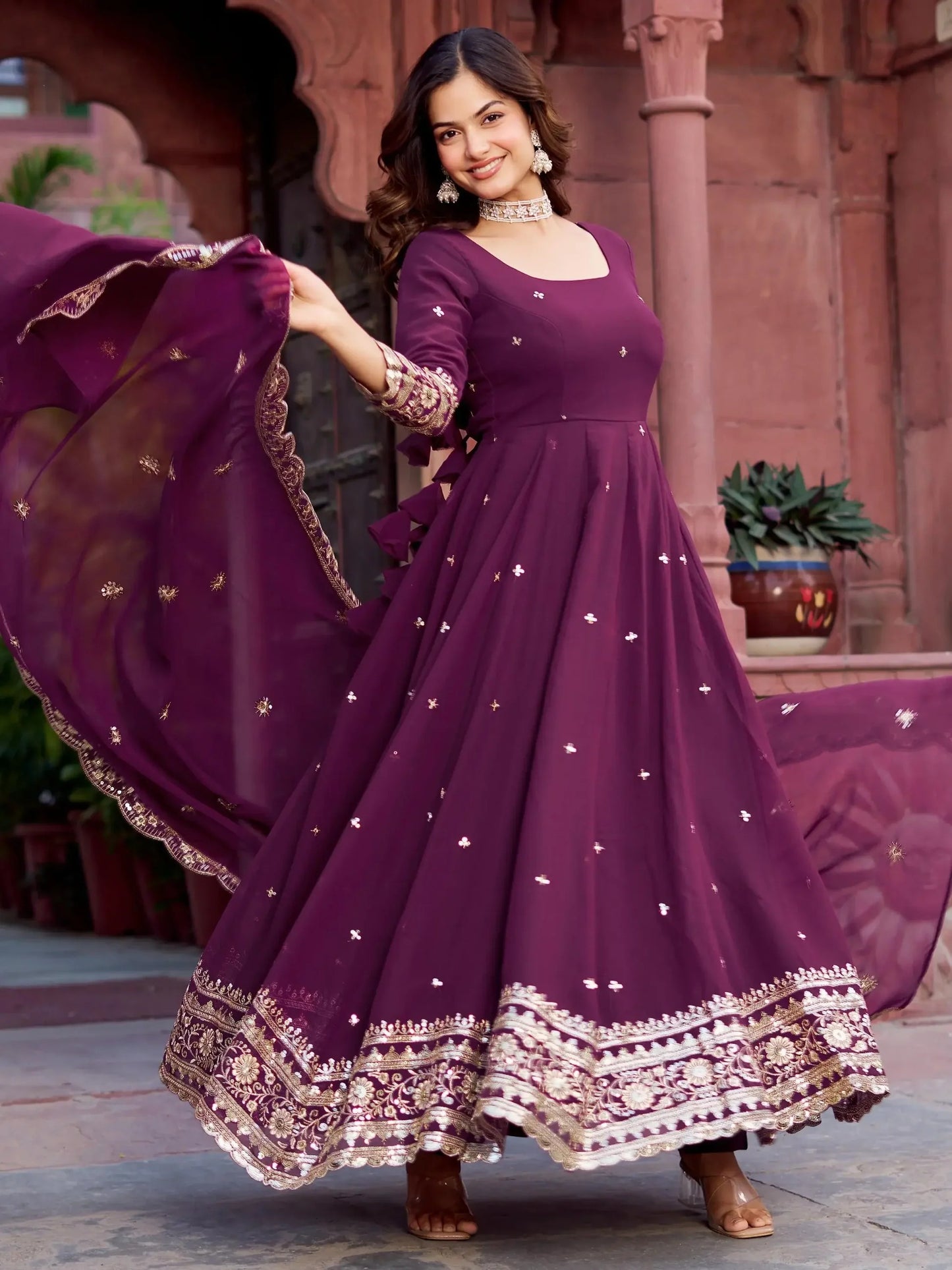 Wine Sequins Georgette Wedding Gown With Dupatta