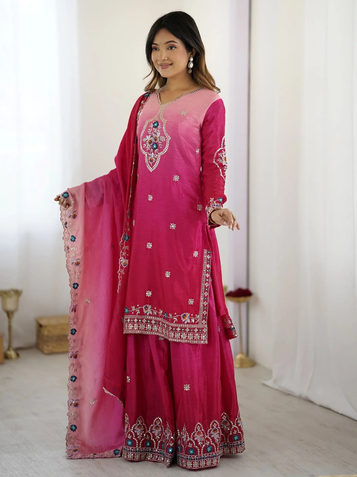 Hot Pink Sequins Embroidered Chinon Sharara Suit