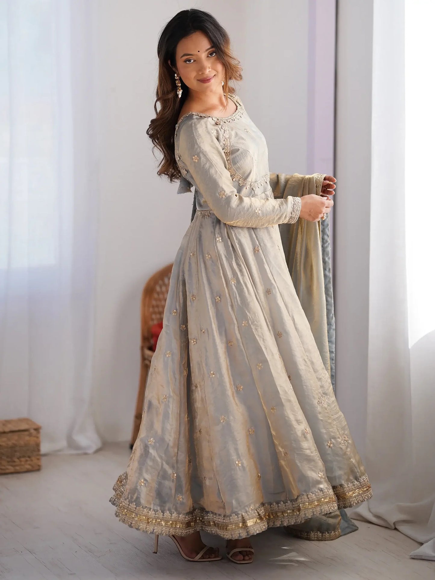 Grey Sequins Silk Traditional Gown With Dupatta
