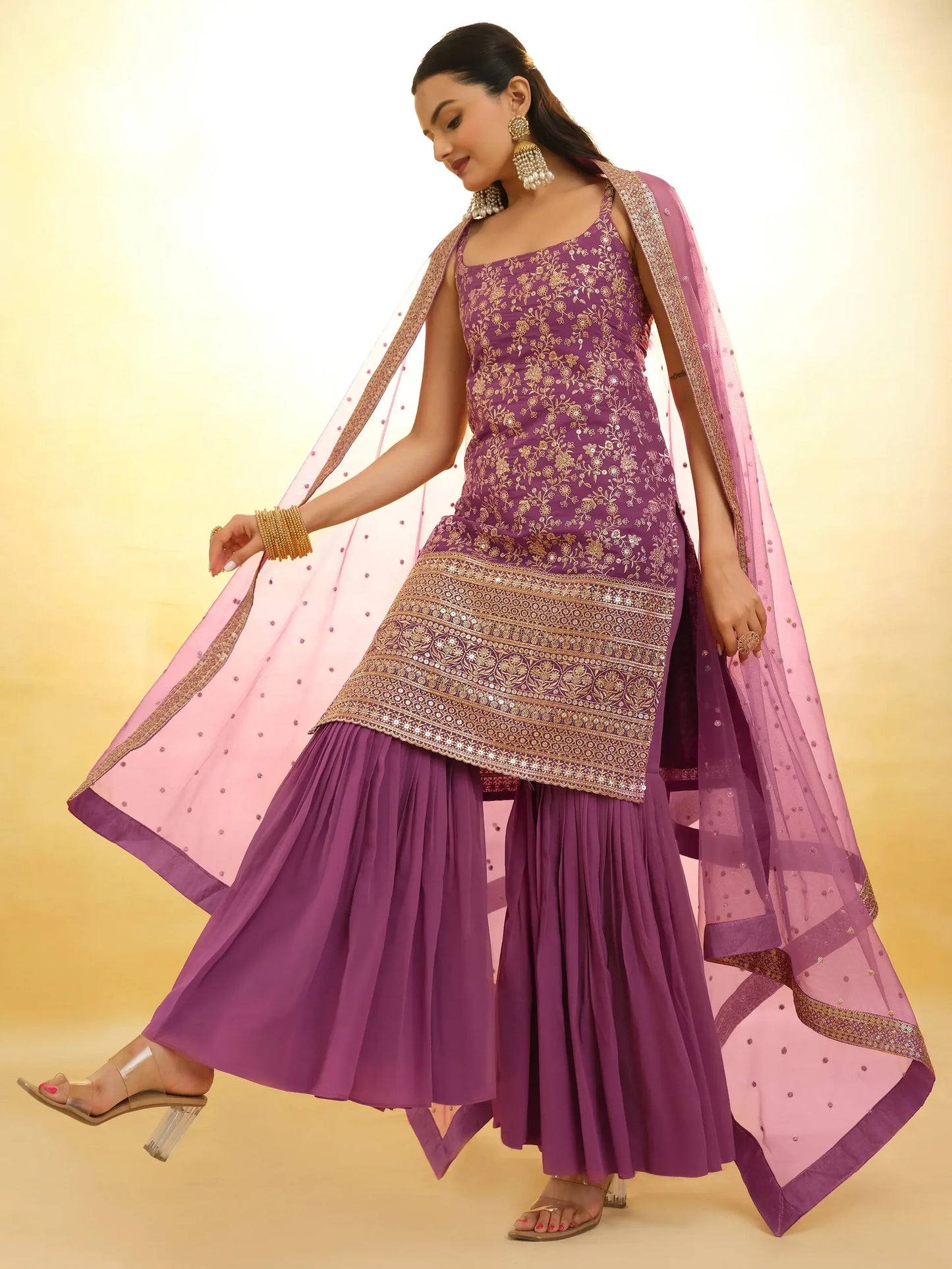 Purple Embroidered Georgette Wedding Sharara Suit