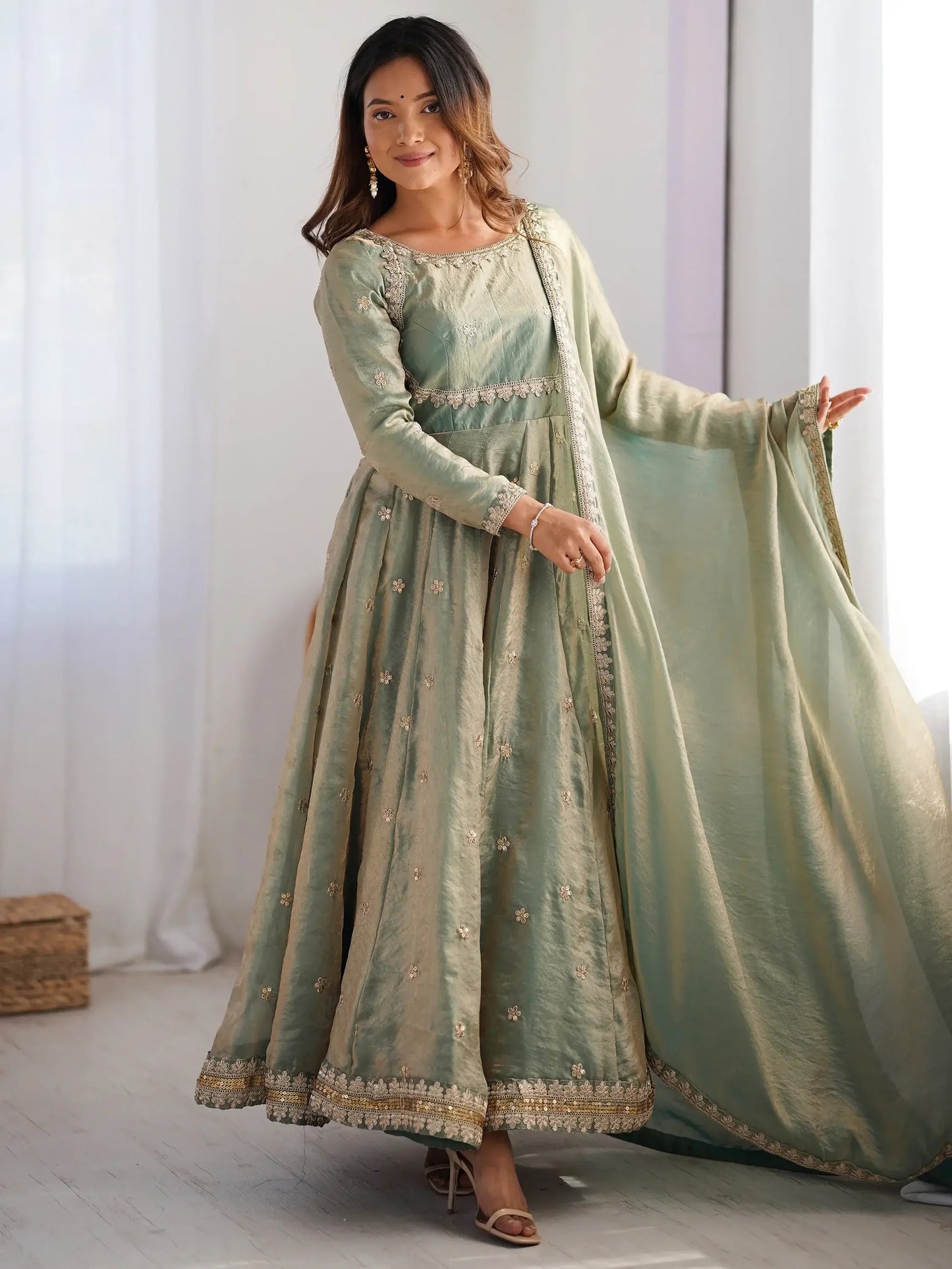 Green Sequins Silk Traditional Gown With Dupatta