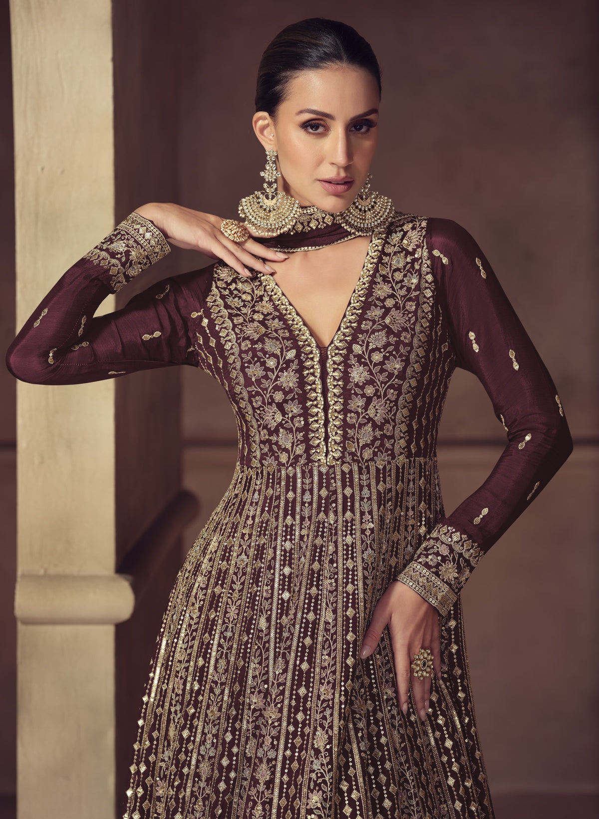Maroon gold Embroidered Anarkali Suit Set