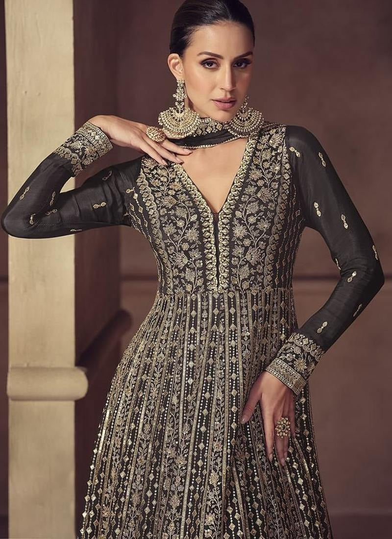 Black gold Embroidered Anarkali Suit Set