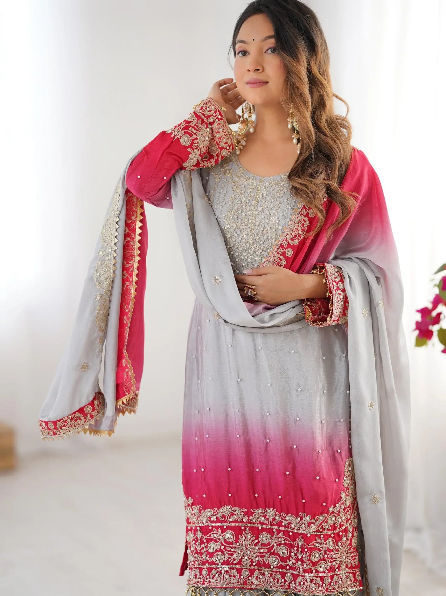 Grey Pearl Work Festive Wear Chinon Sharara Suit