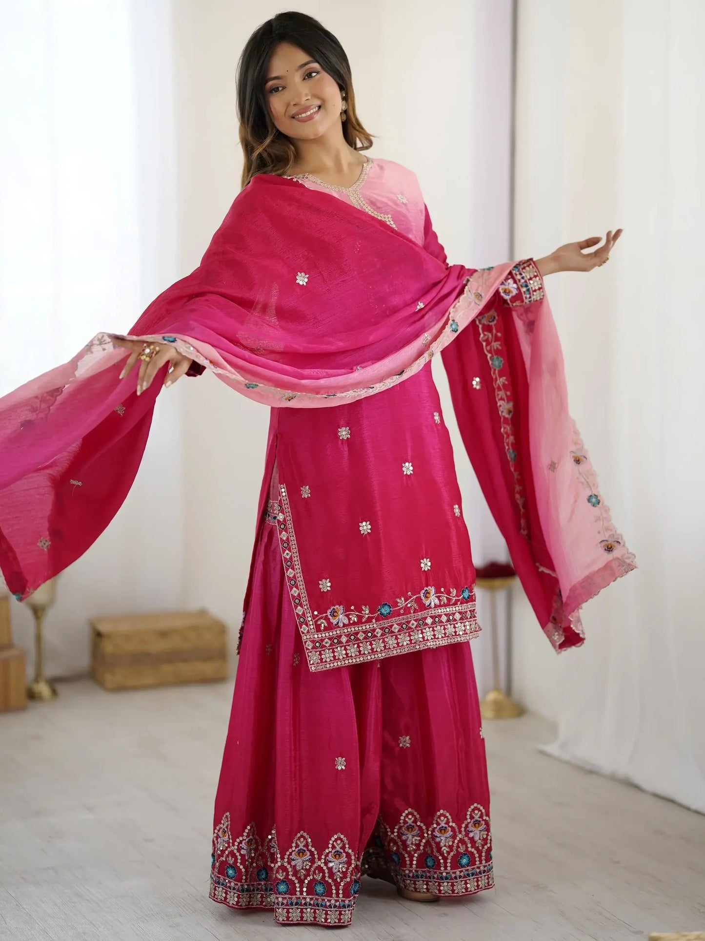 Hot Pink Sequins Embroidered Chinon Sharara Suit