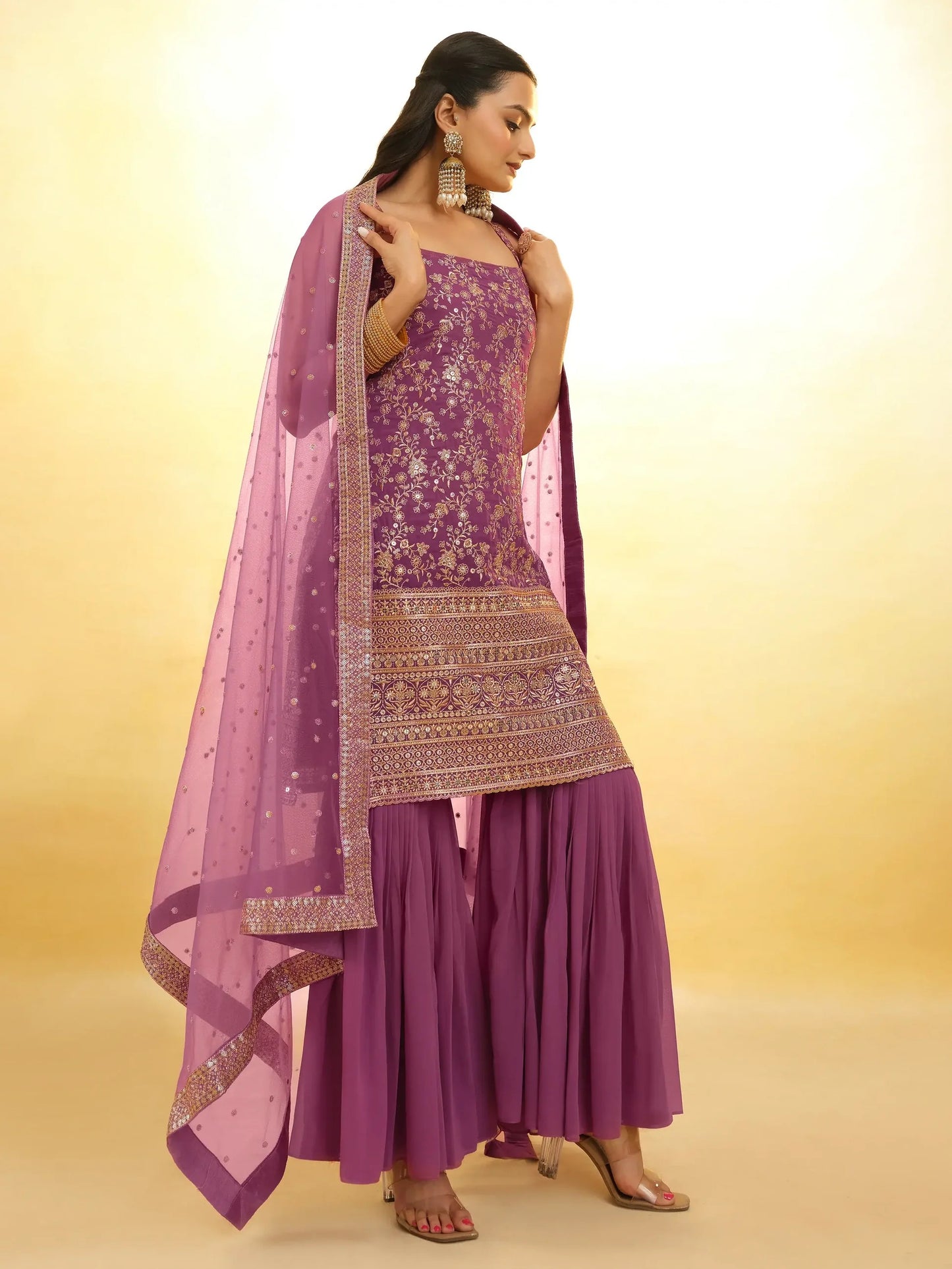 Purple Embroidered Georgette Wedding Sharara Suit