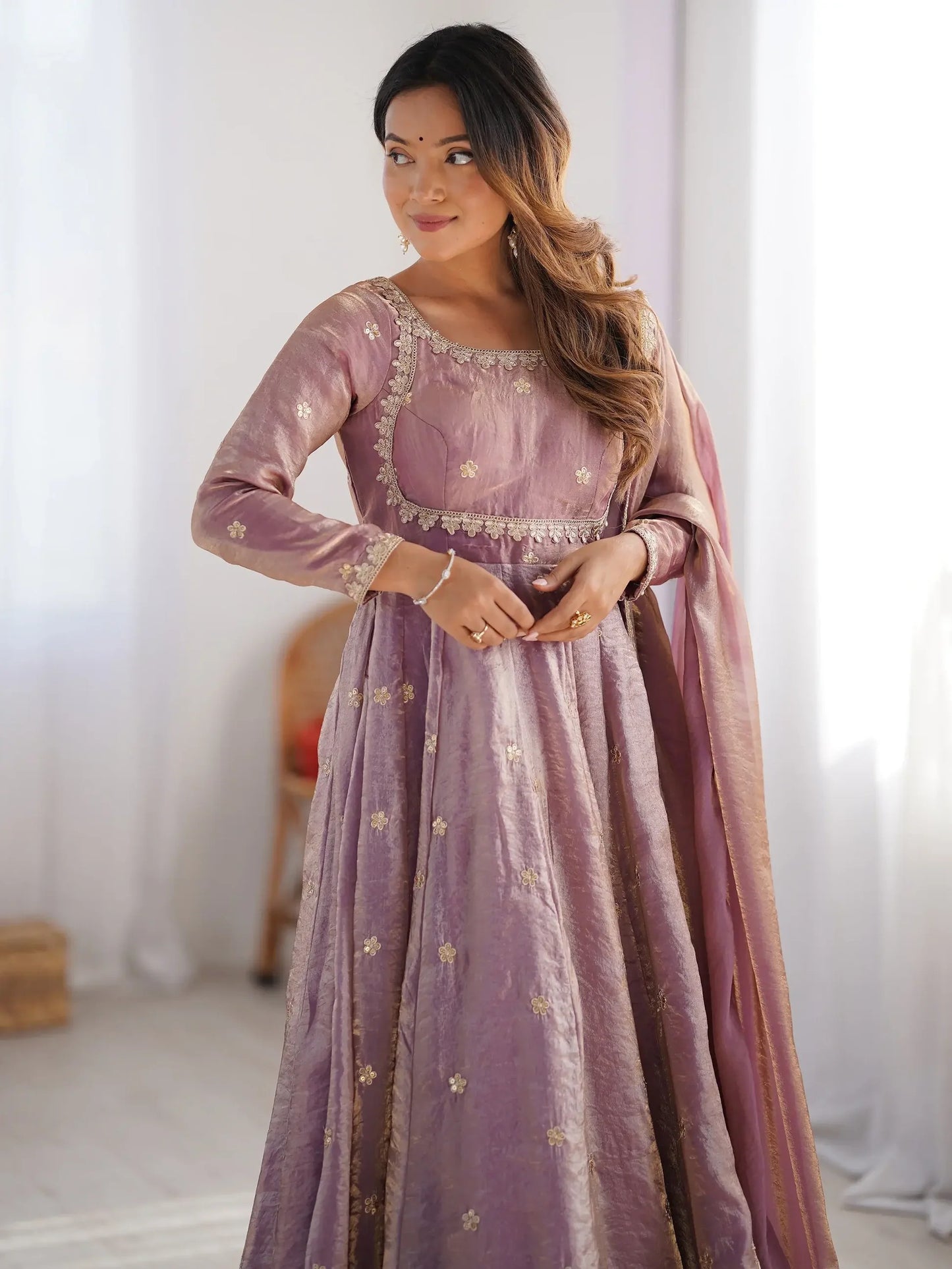 Pink/Lila Sequins Silk Traditional Gown With Dupatta