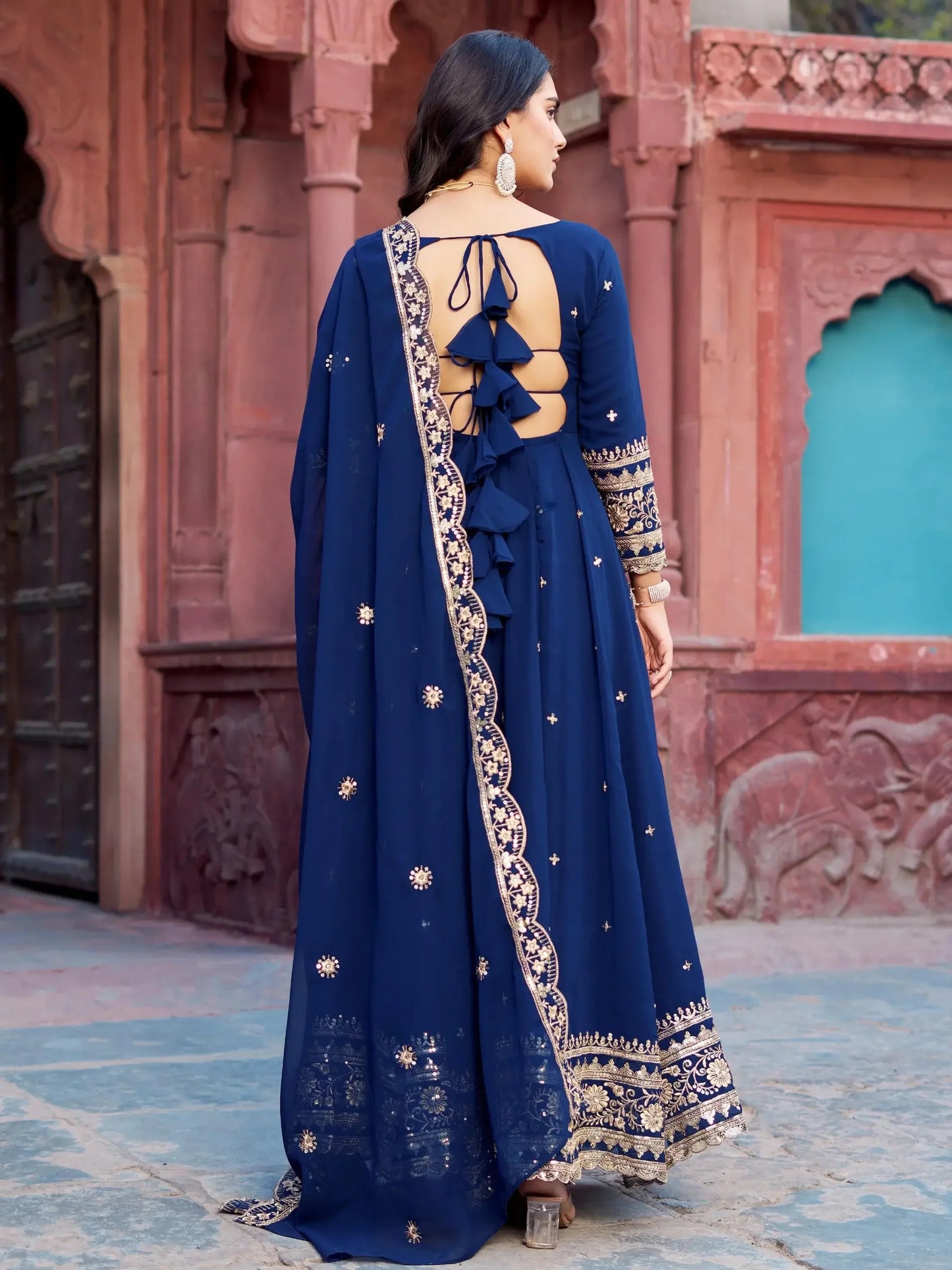 Navy Georgette Anarkali mit Dupatta