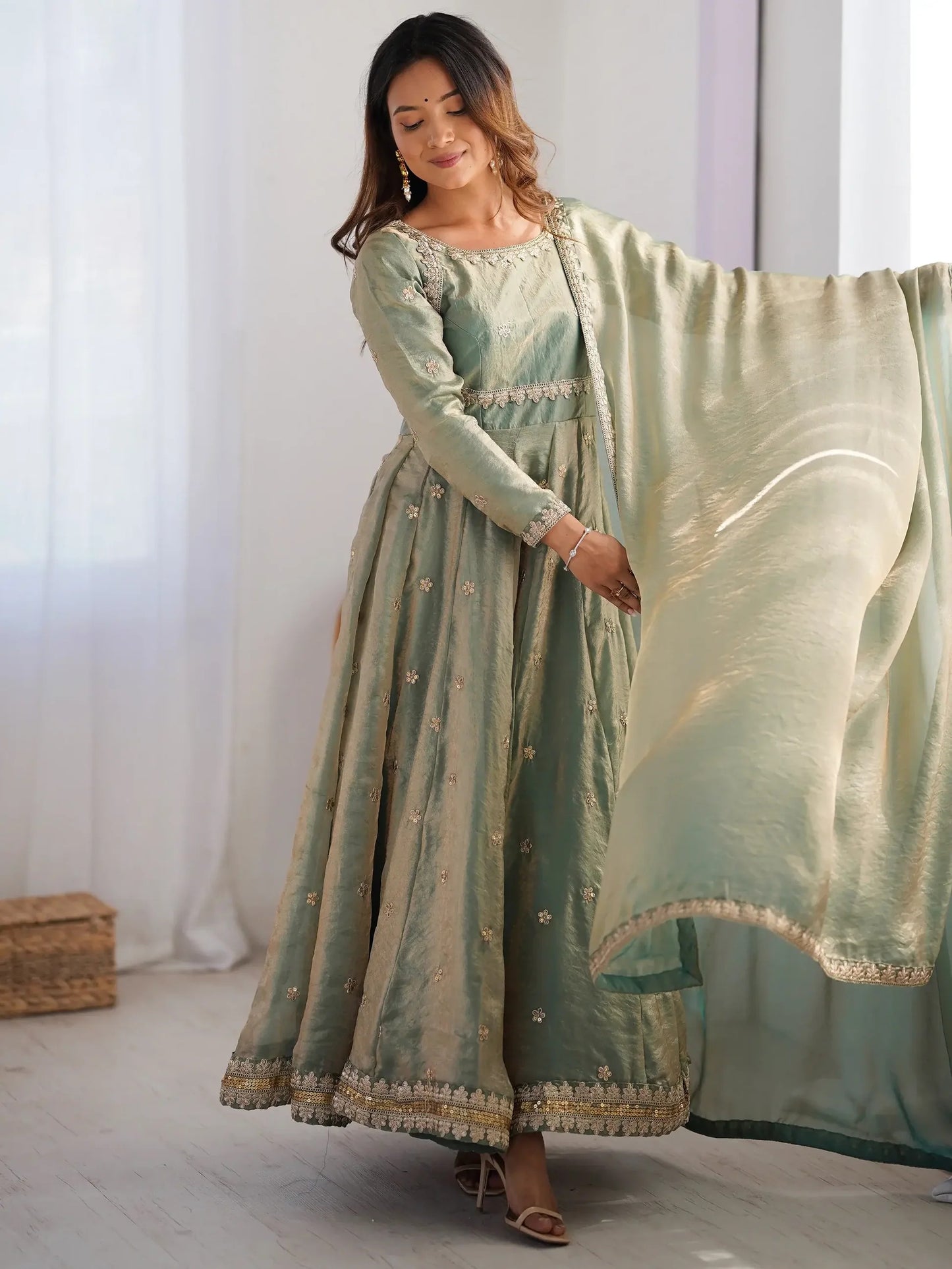 Green Sequins Silk Traditional Gown With Dupatta