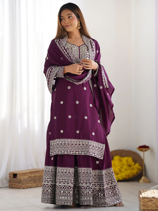 Sequins Chinon Sharara Suit With Dupatta