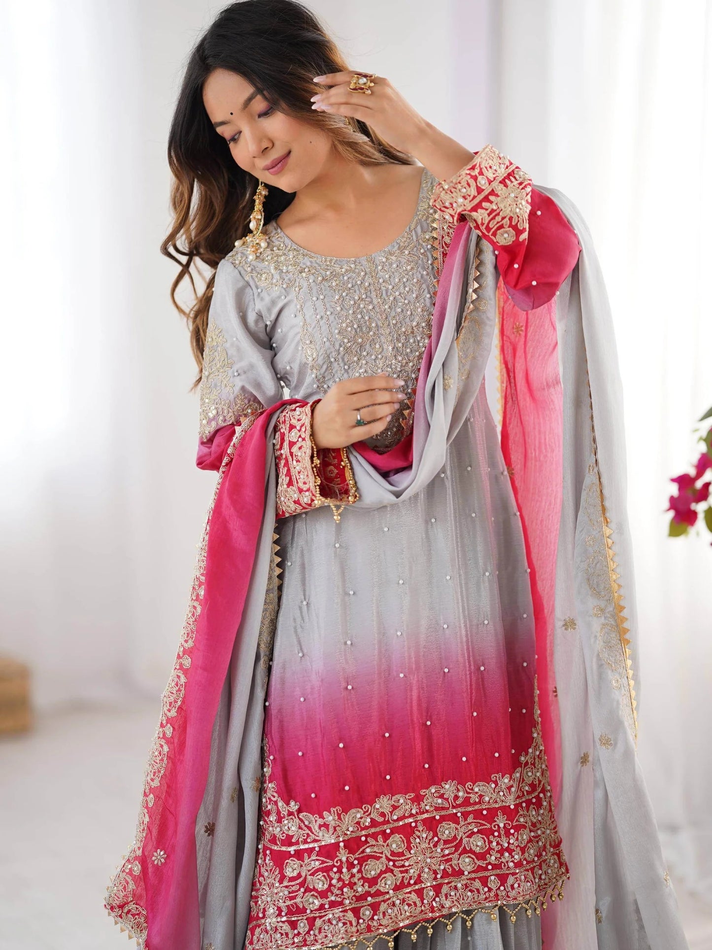 Grey Pearl Work Festive Wear Chinon Sharara Suit
