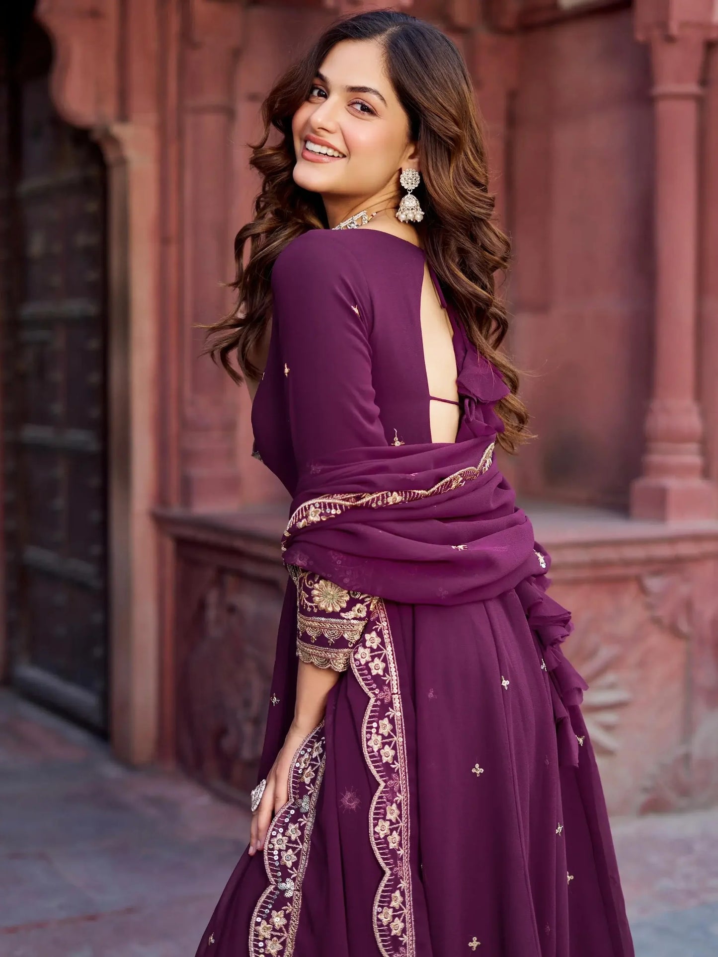 Wine Sequins Georgette Wedding Gown With Dupatta