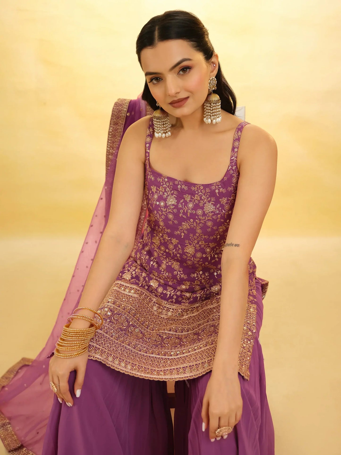 Purple Embroidered Georgette Wedding Sharara Suit