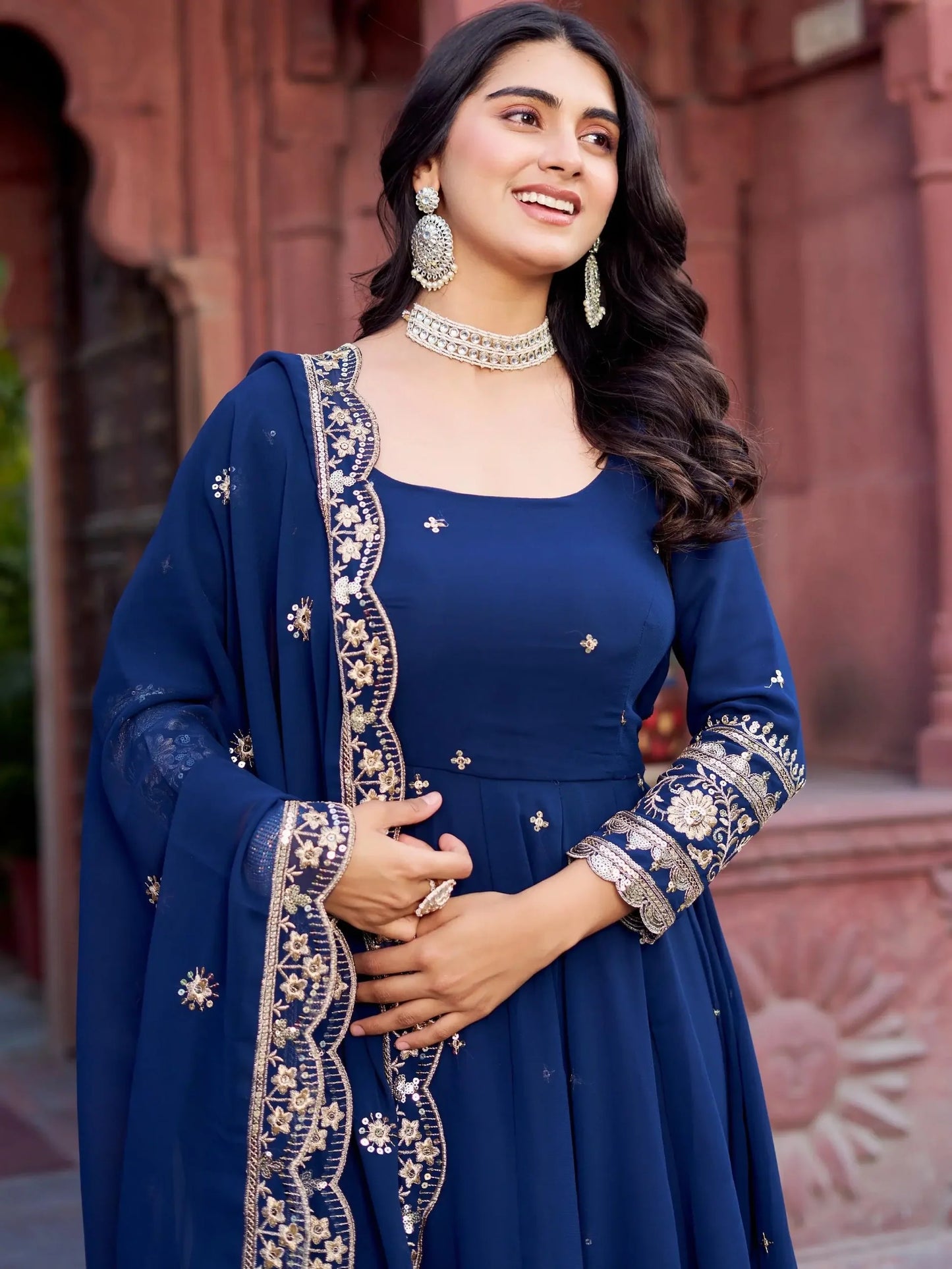 Navy Georgette Anarkali mit Dupatta