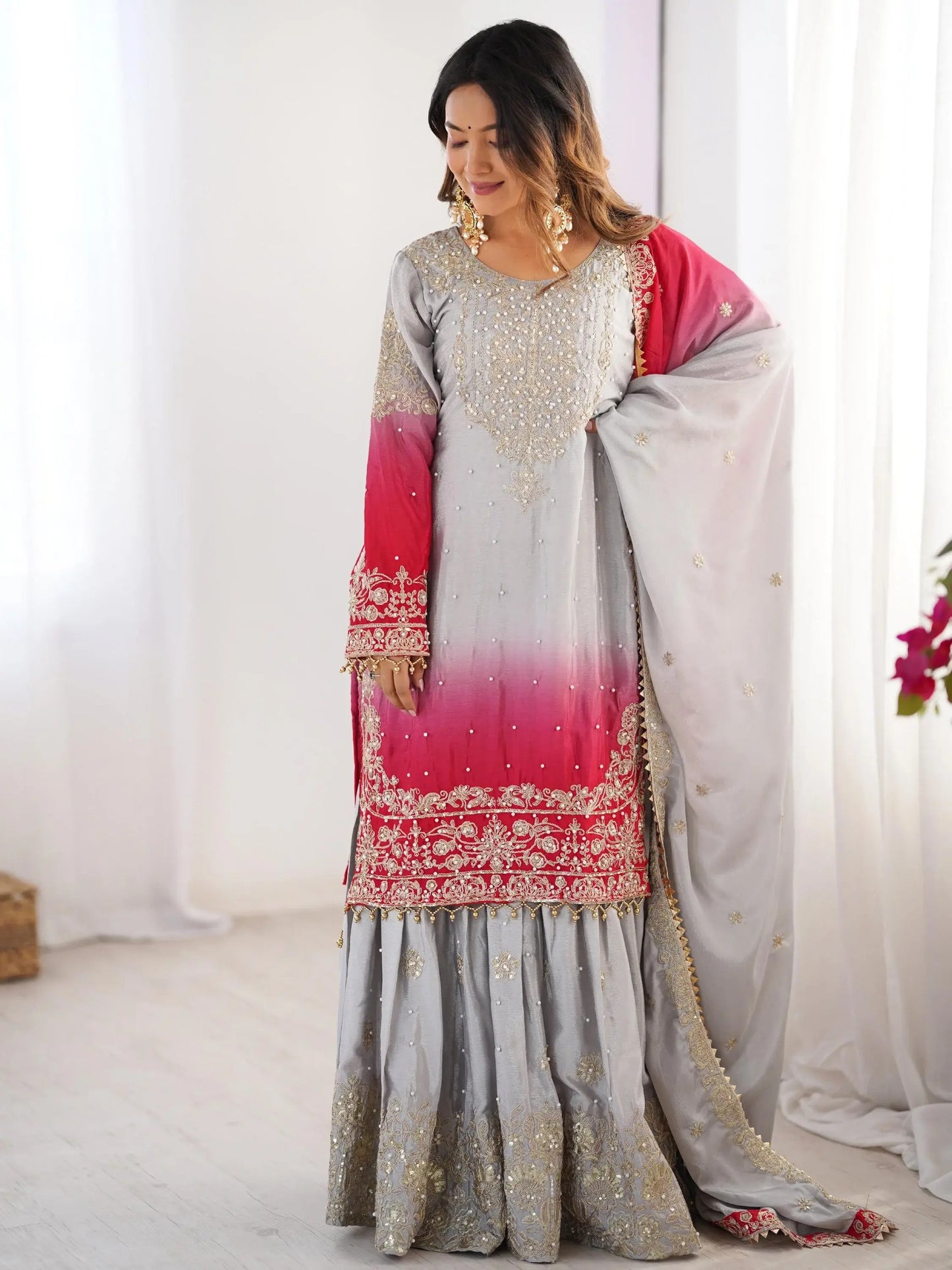 Grey Pearl Work Festive Wear Chinon Sharara Suit