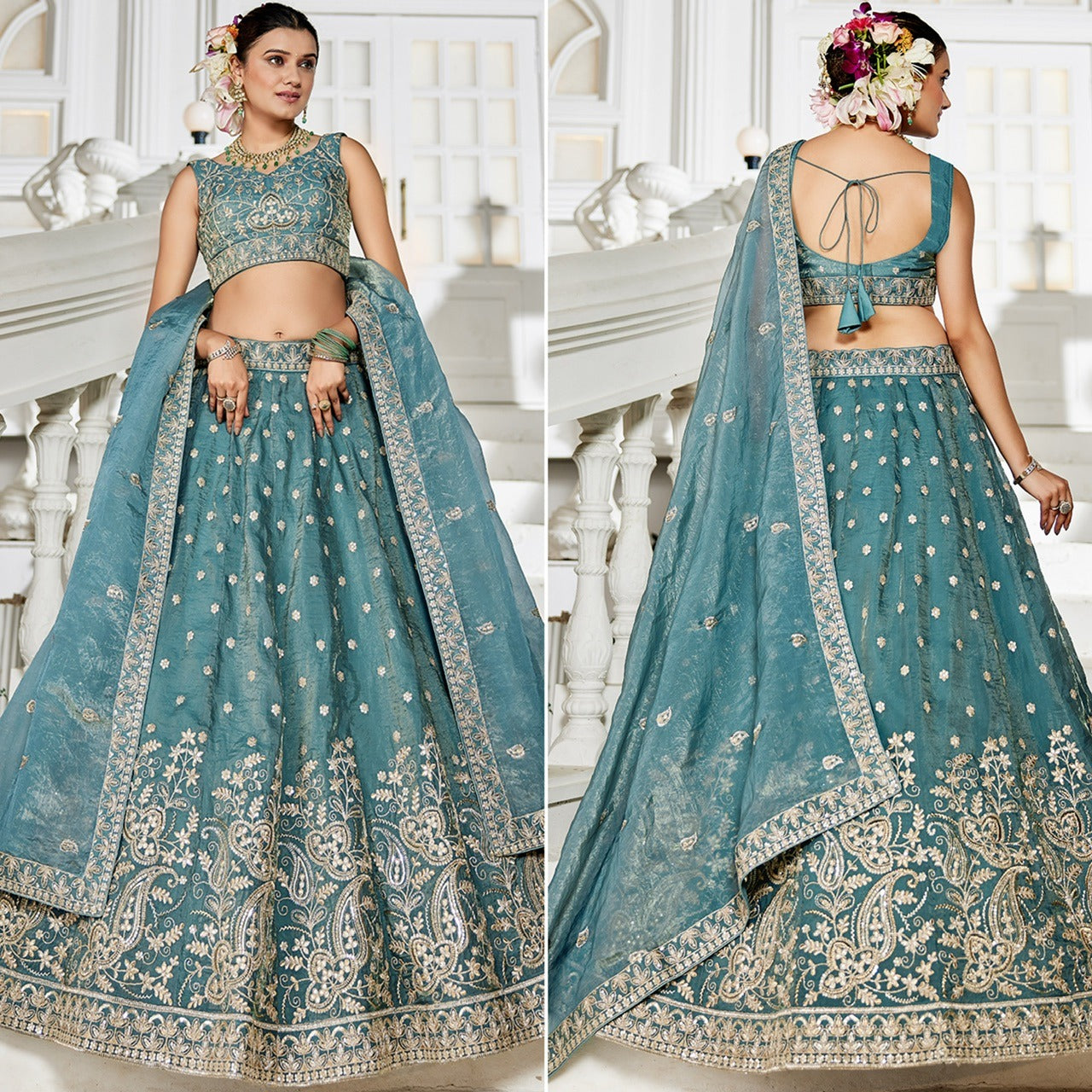 Tissue Silk Lehenga Choli in Sea Green mit Sequins Work
