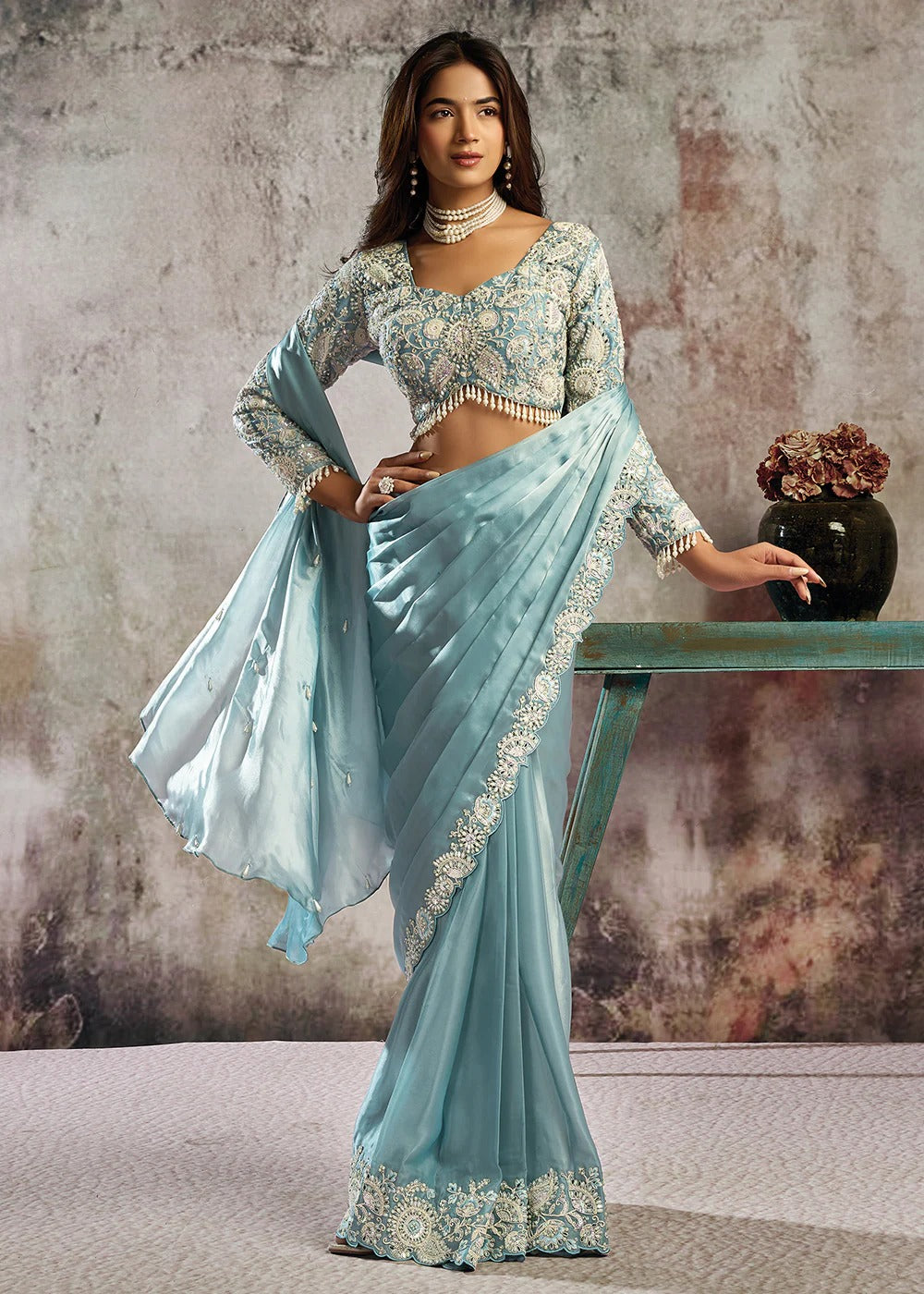 Mint Blue Satin Pre-Stitched Saree with Belt – Elegant & Easy to Wear