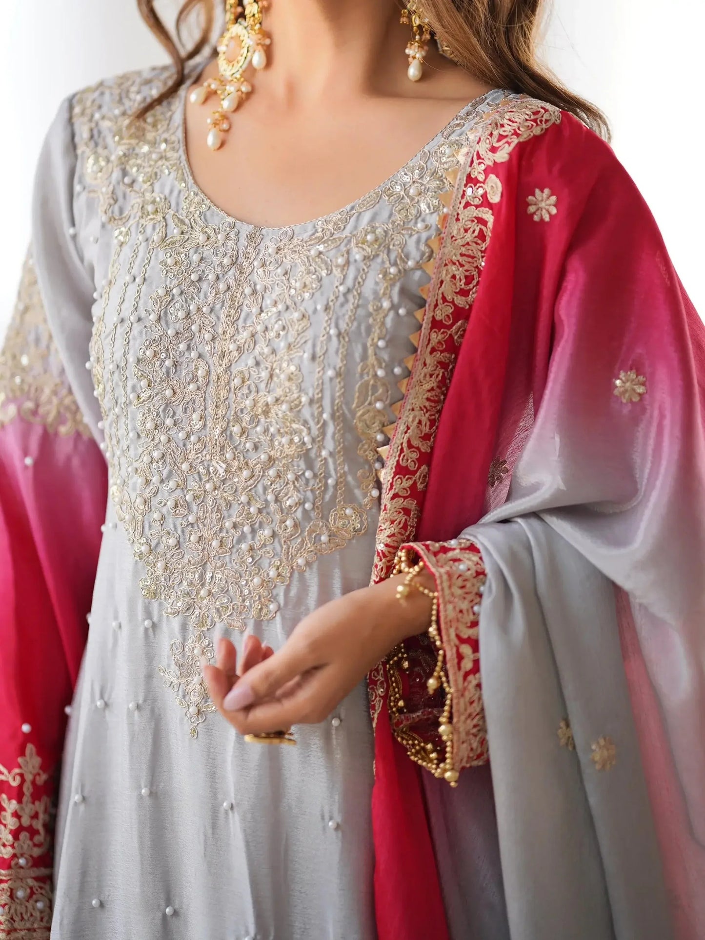 Grey Pearl Work Festive Wear Chinon Sharara Suit
