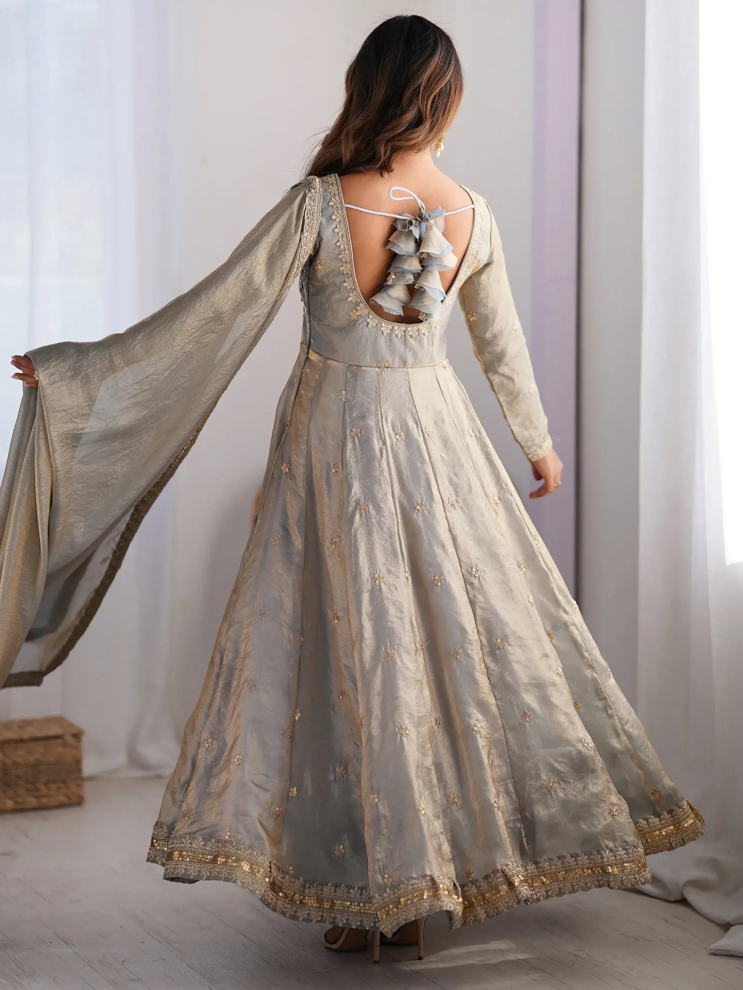 Grey Sequins Silk Traditional Gown With Dupatta