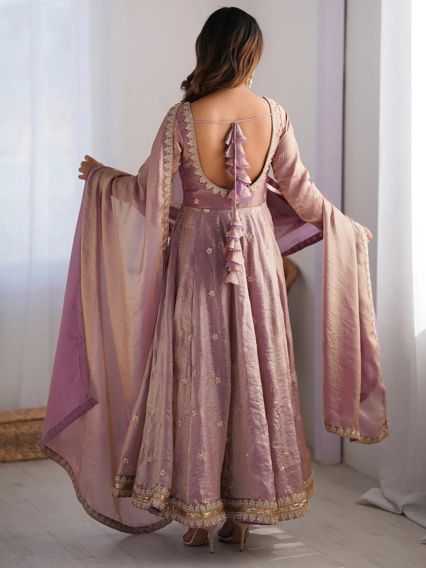 Pink/Lila Sequins Silk Traditional Gown With Dupatta