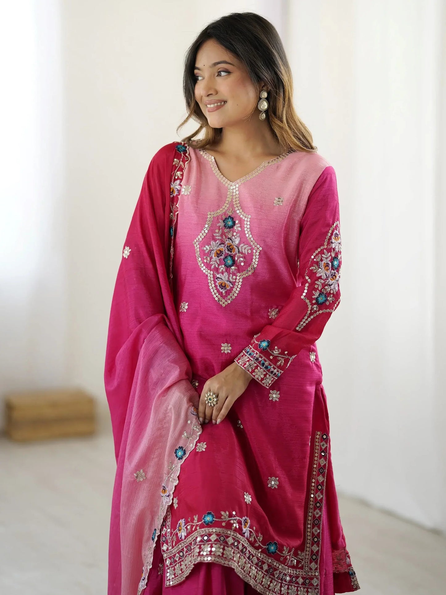 Hot Pink Sequins Embroidered Chinon Sharara Suit