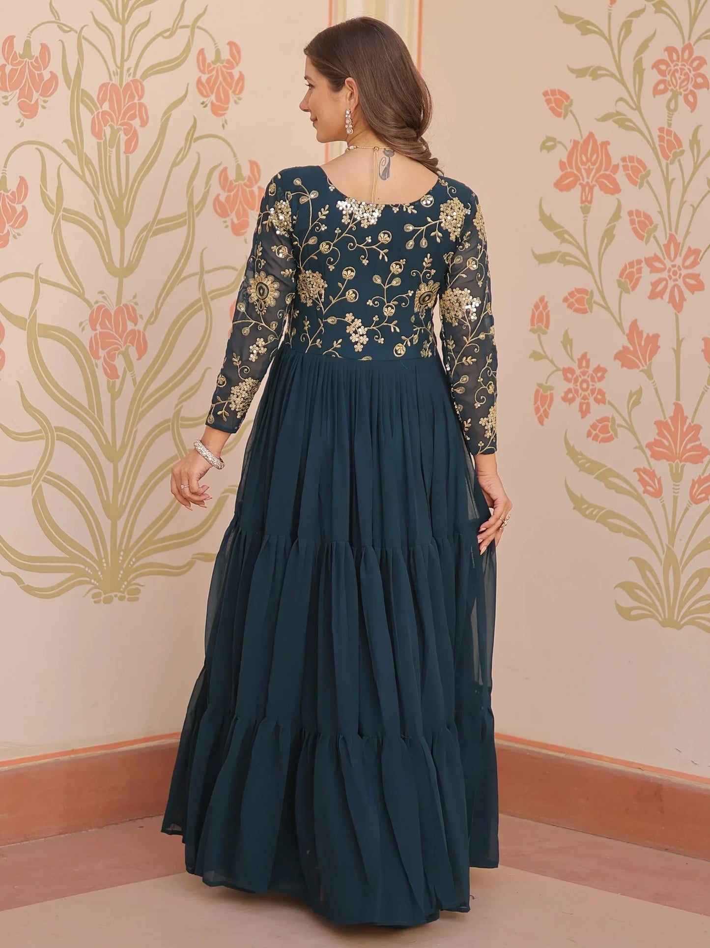 Teal blue Georgette Festival Wear Gown With Dupatta