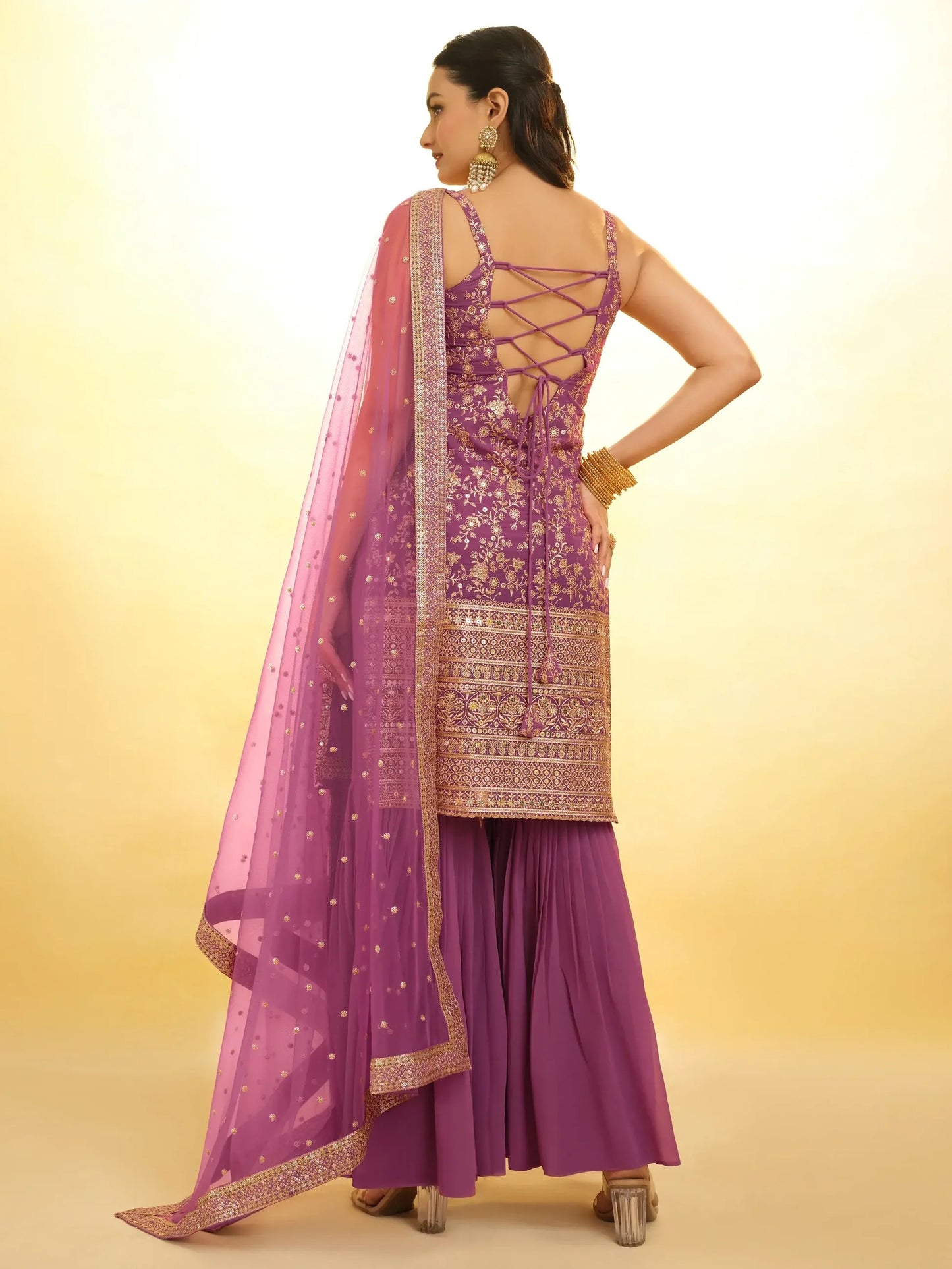 Purple Embroidered Georgette Wedding Sharara Suit