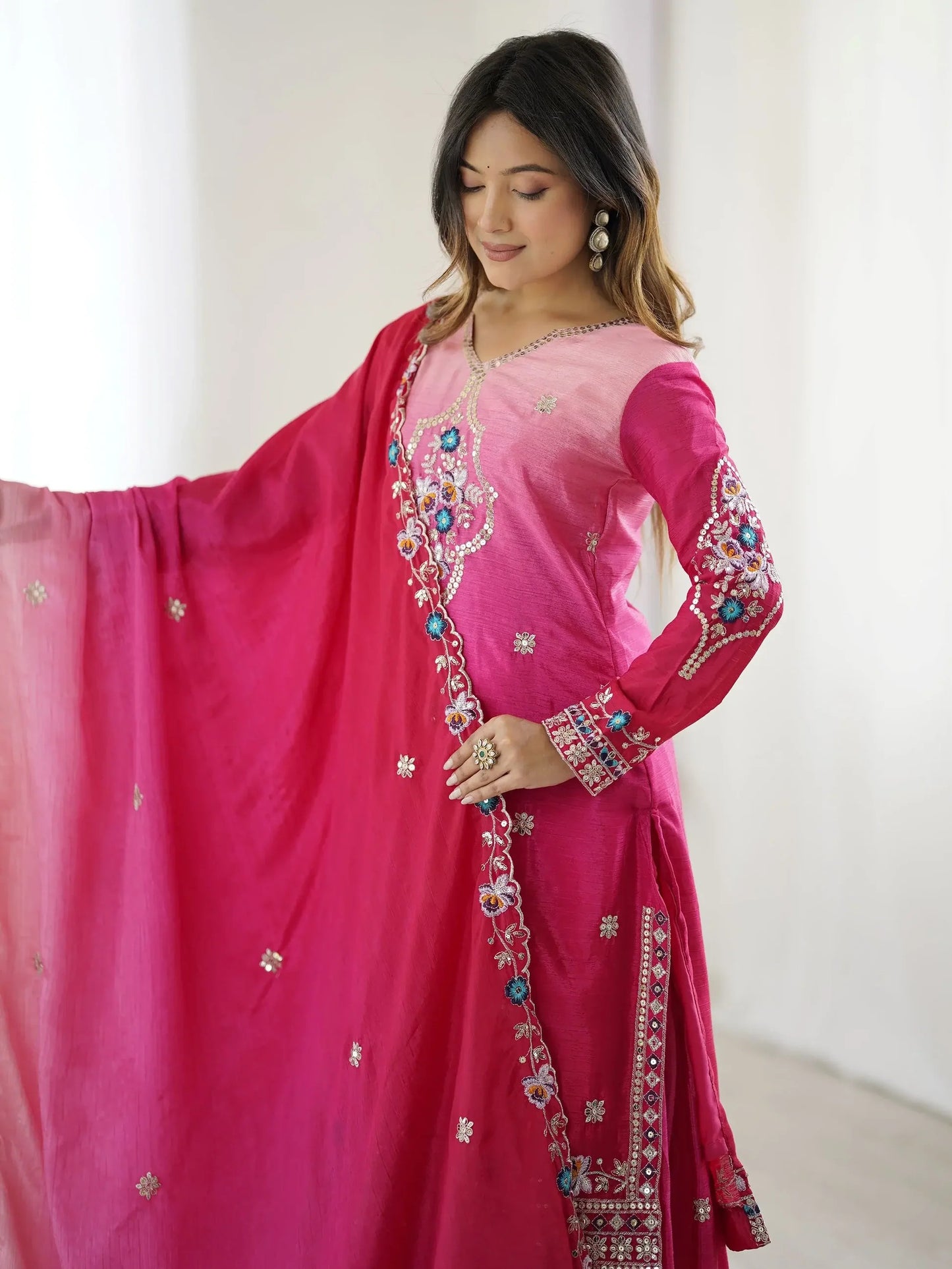 Hot Pink Sequins Embroidered Chinon Sharara Suit
