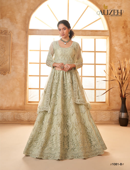 Mintgrünes Net-&-Silk-Lehenga mit Cording-Stickerei, Stonework, bestickter Bluse und Cutwork-Dupatta – festliches Hochzeitsoutfit für Damen.