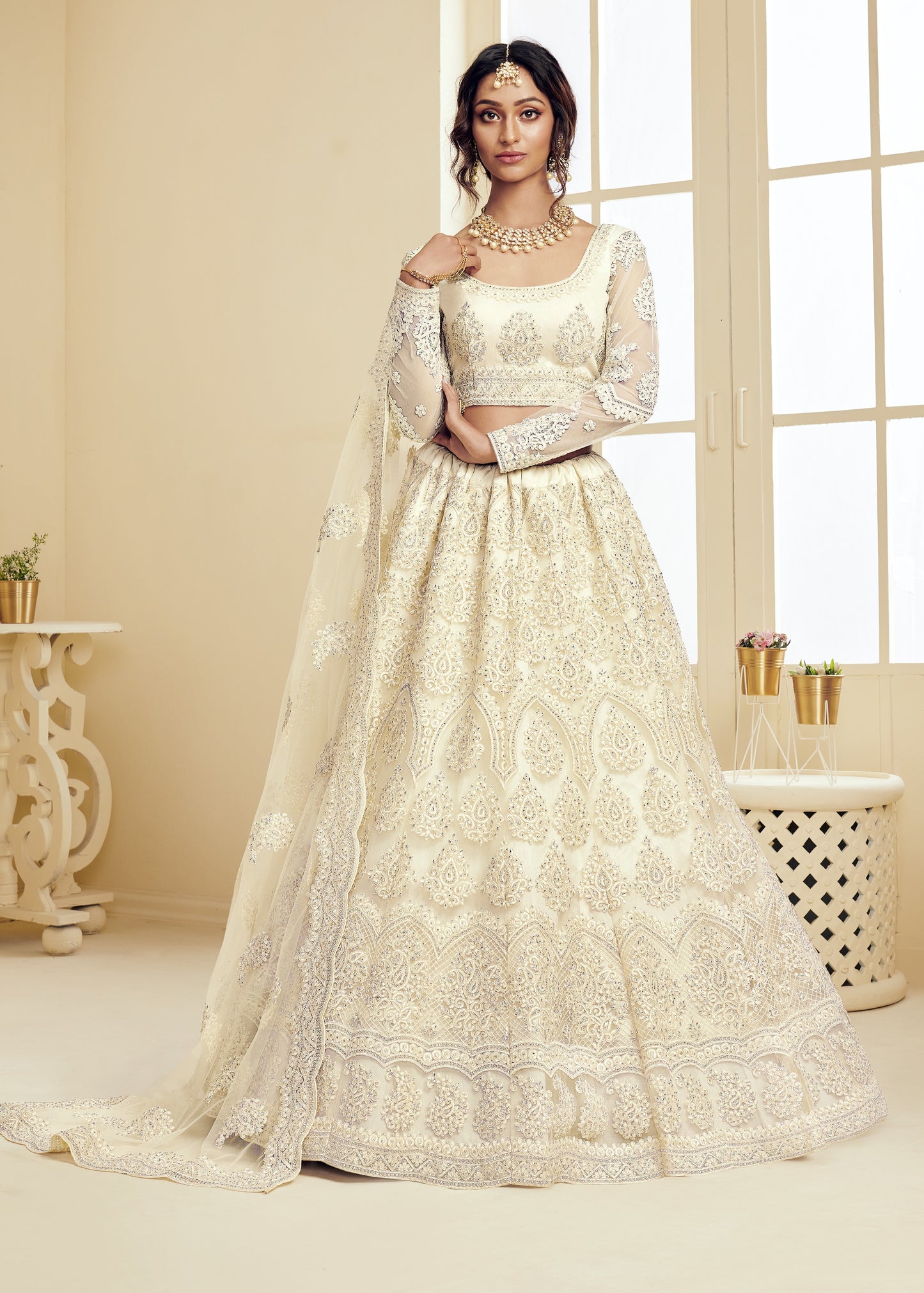 Off White Net & Silk Lehenga