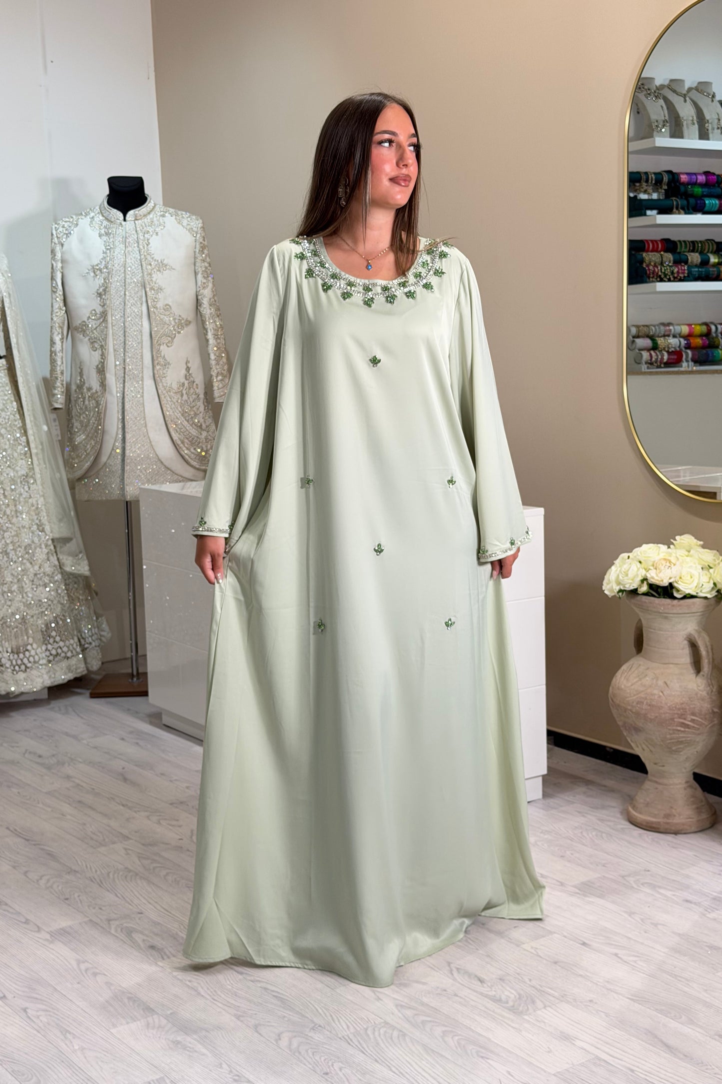 Avocado green Kaftan + Strass