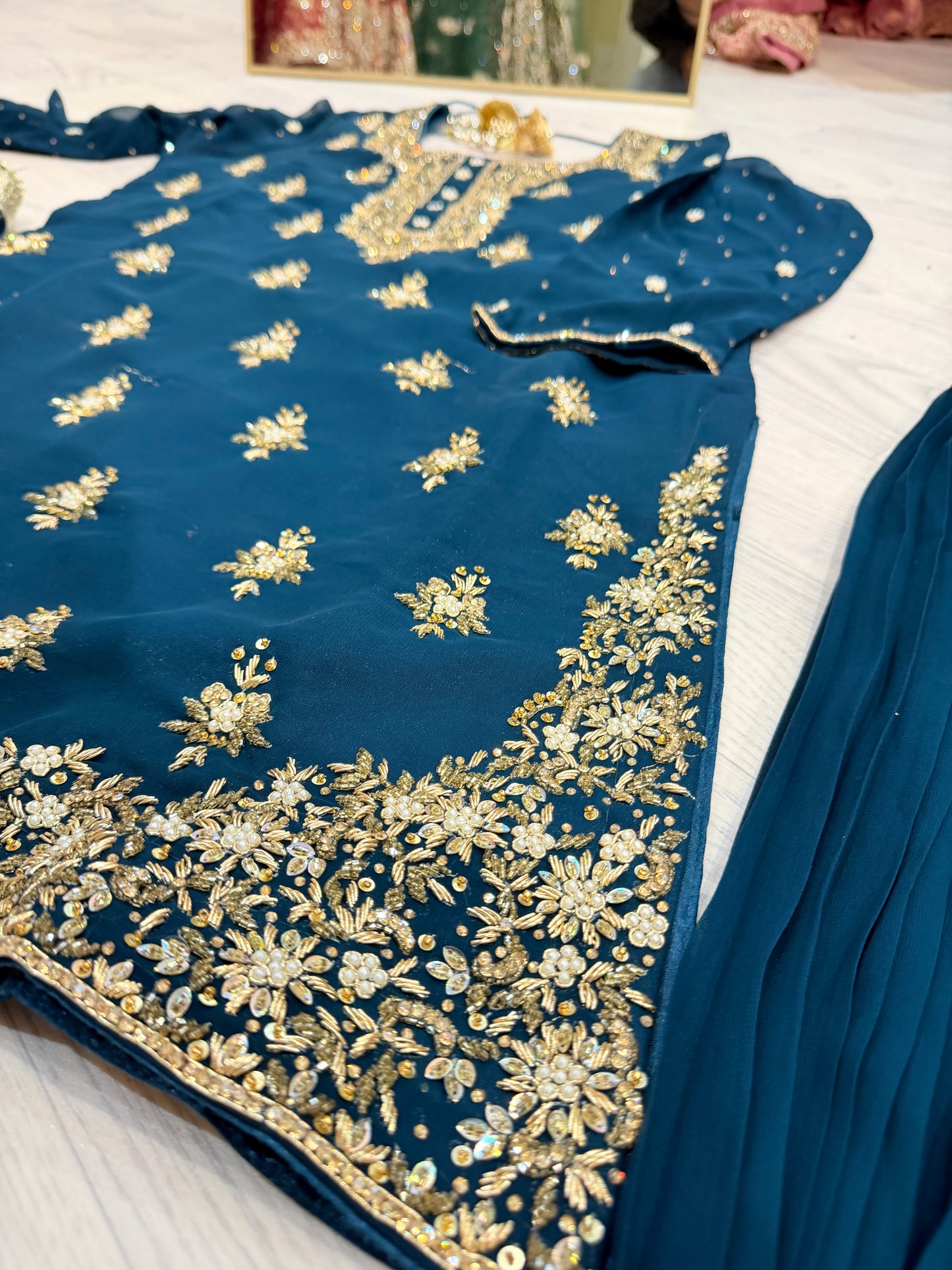 Teal Blue Elegance – Heavy Georgette Embroidery and Handwork  Sharara Suit