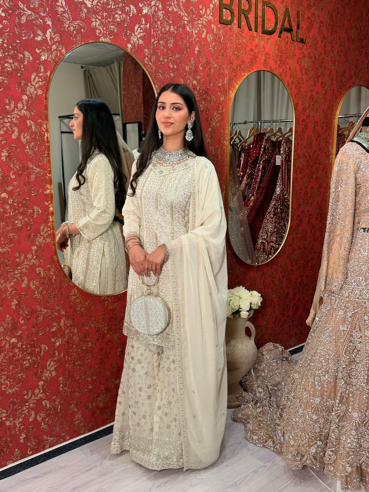 Off-White Sharara Suit with Clutch