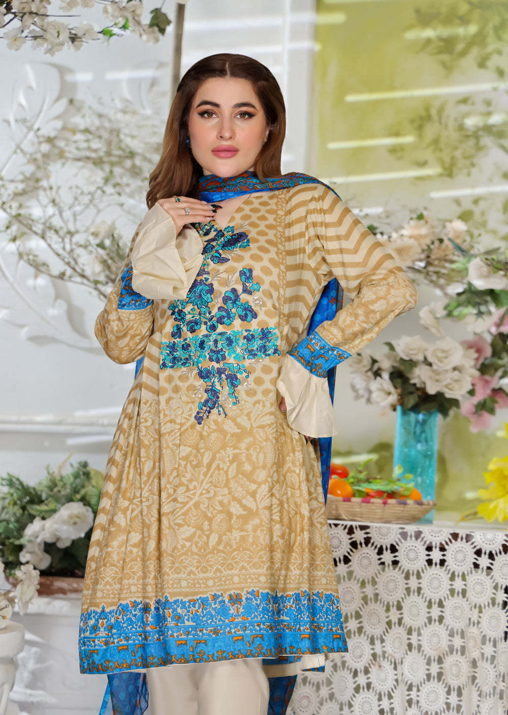 Lawn Suit Beige/Blue 47007C