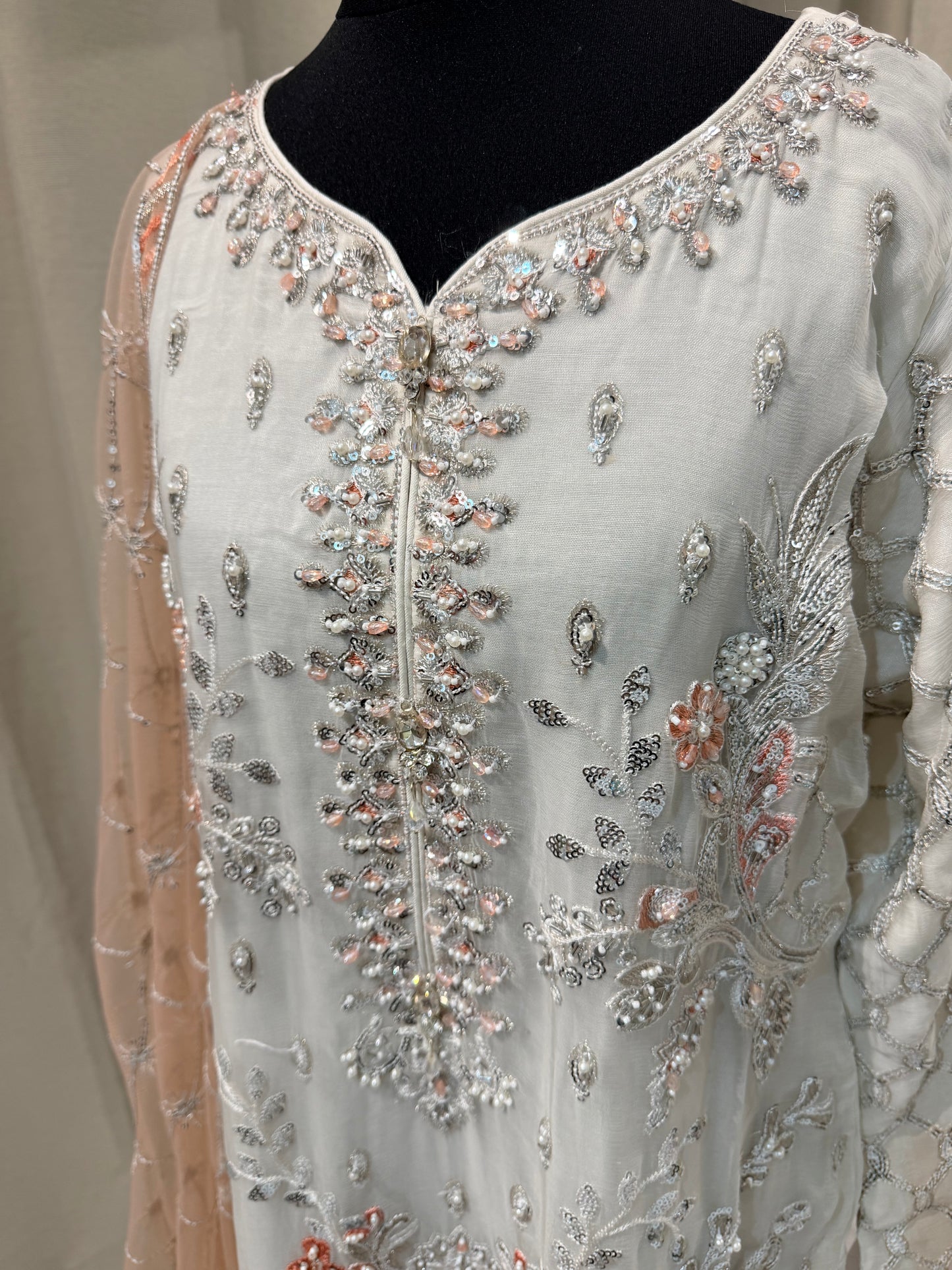 Luxury Embroidered Chiffon Collection- white peach