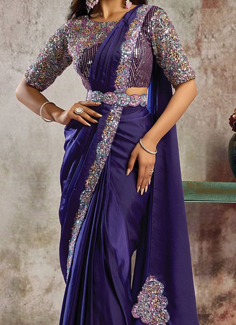 Purple Sequins Satin Pre-Stitched Saree with Belt – Elegant & Easy to Wear