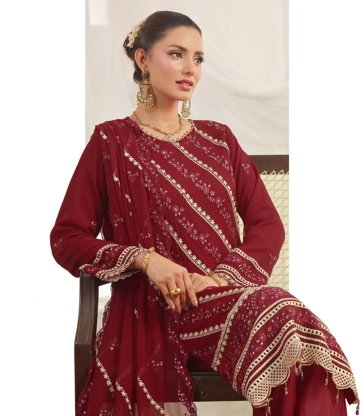 Bin Hameed Chiffon Suits- Maroon-B1