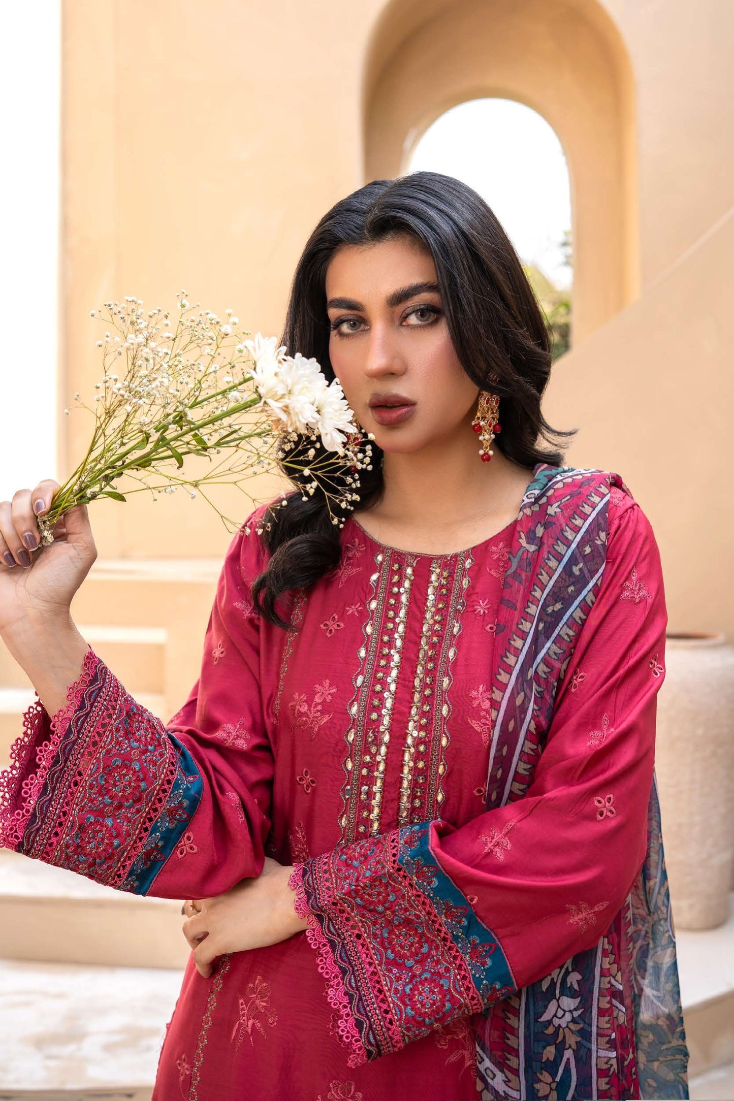 Embroidered Viscose Suit- Soft Red