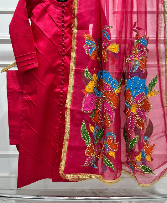 Hot Pink Raw Silk Suit with Handpainted Dupatta