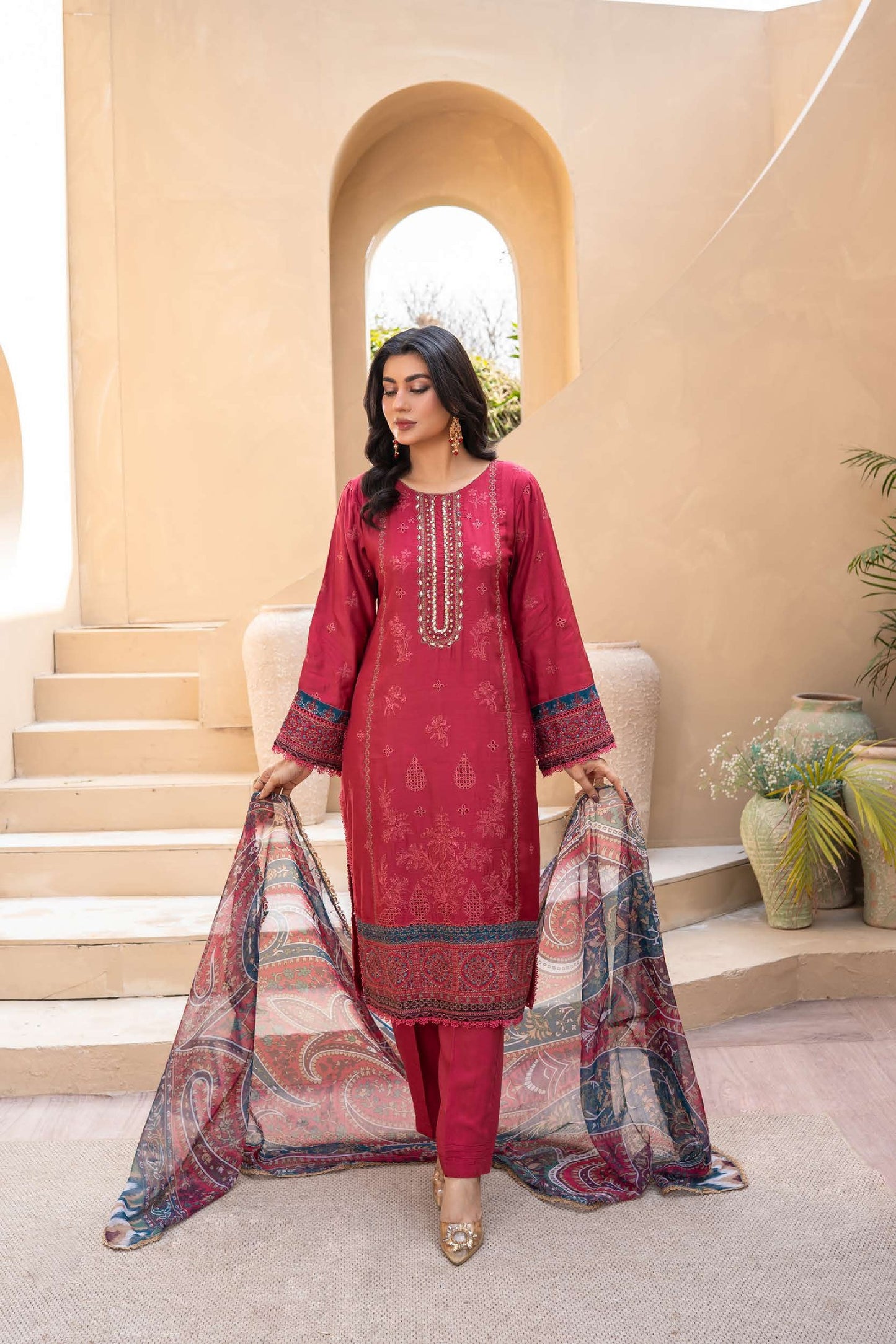 Embroidered Viscose Suit- Soft Red