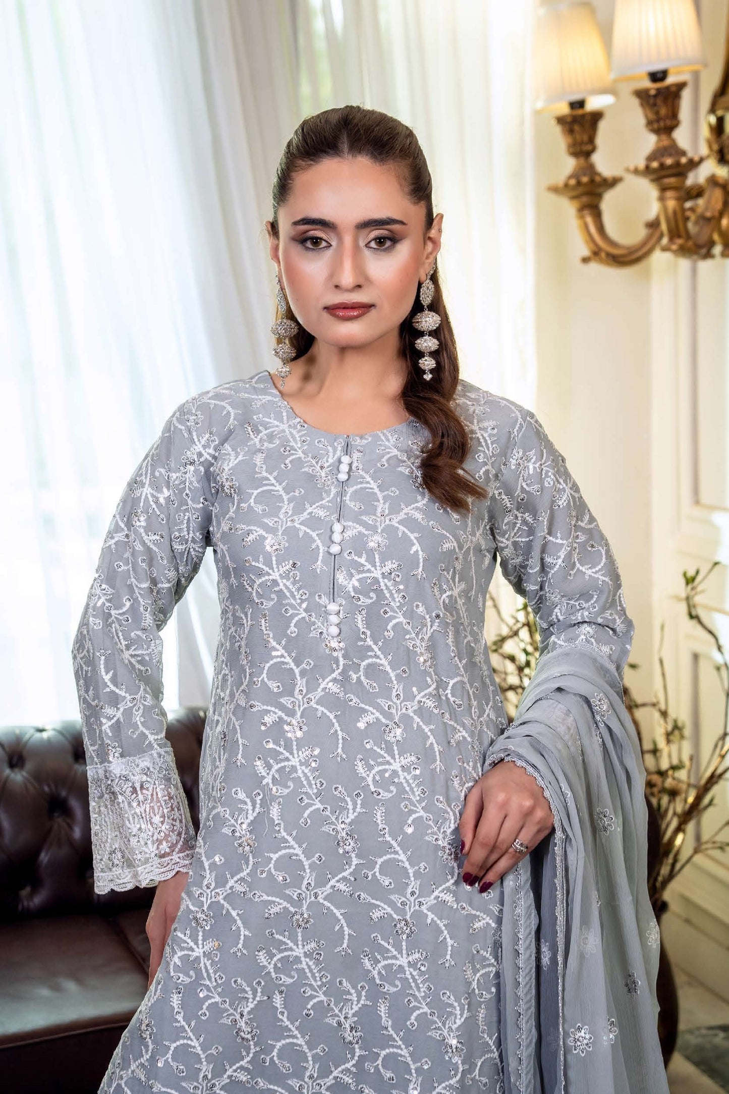 Chiffon Embroidered Suit - Grey