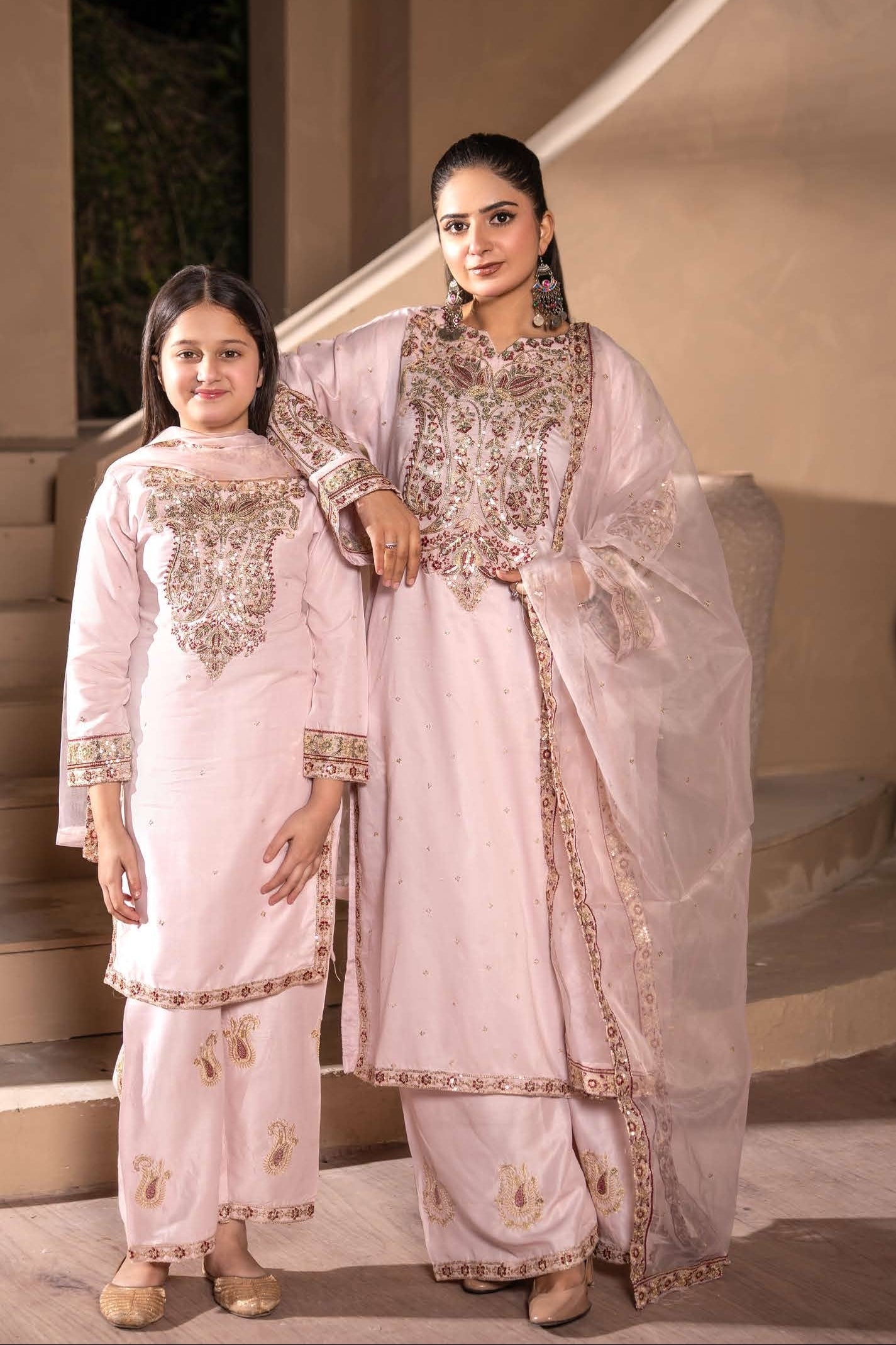 Mother Daughter Linen Embroidered - Baby Pink