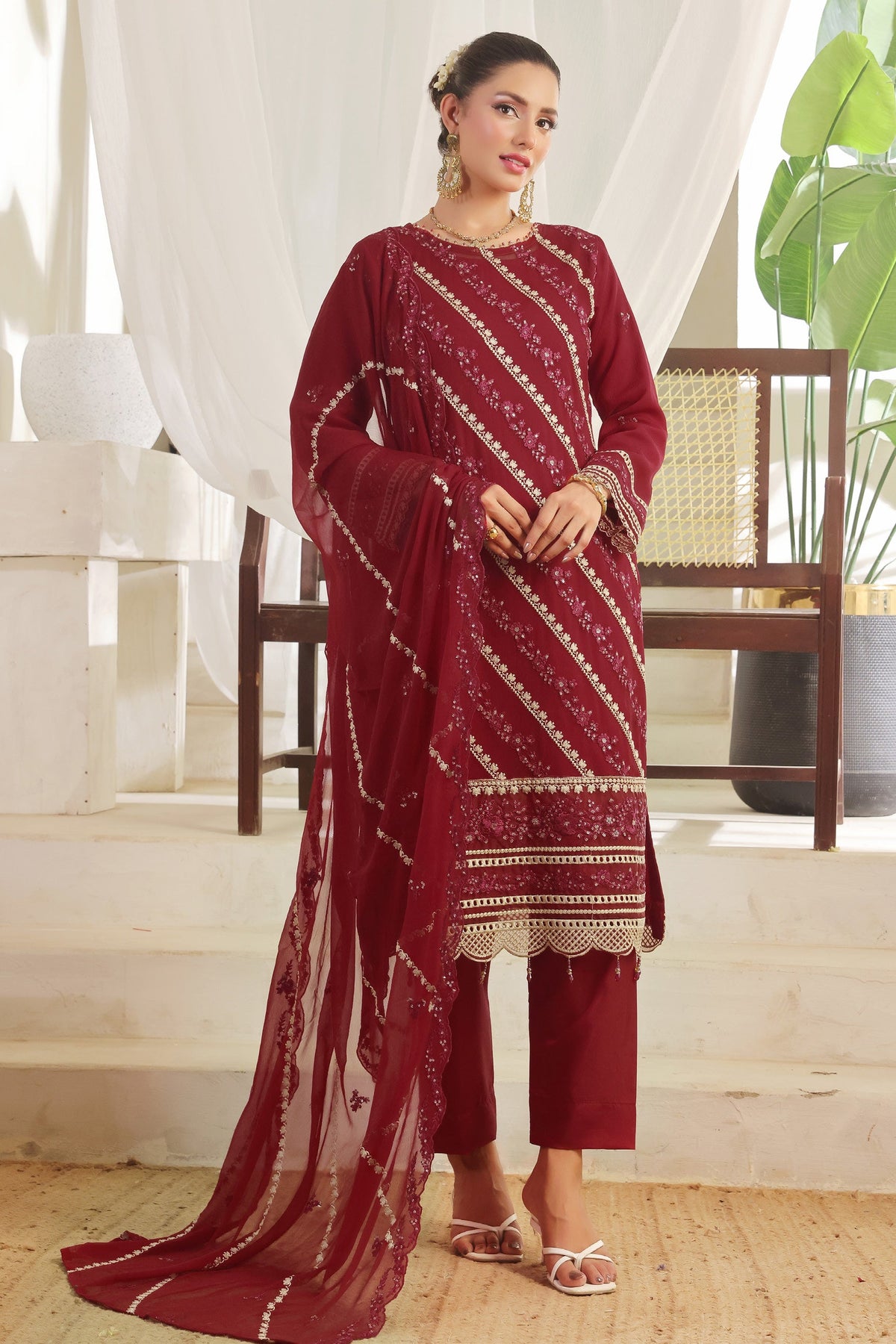 Bin Hameed Chiffon Suits- Maroon-B1