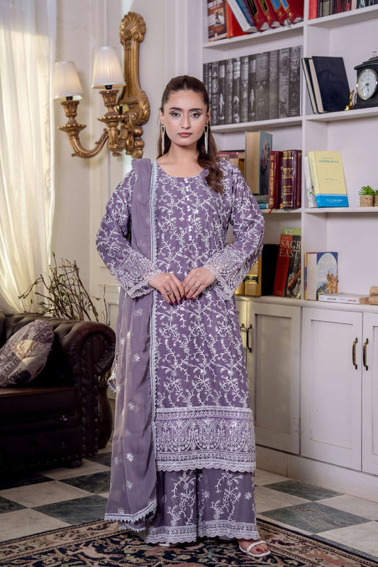 Chiffon Embroidered Suit - Lila