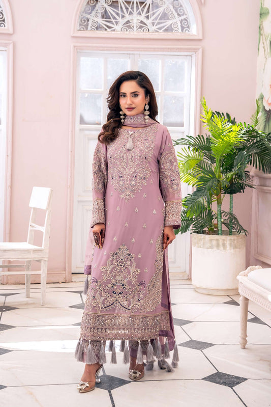 Luxury Chiffon Embroidered Suit- Rose