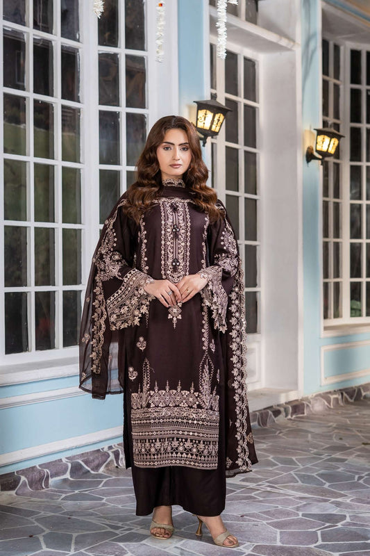 Embroidered Dhanak Set- Braun