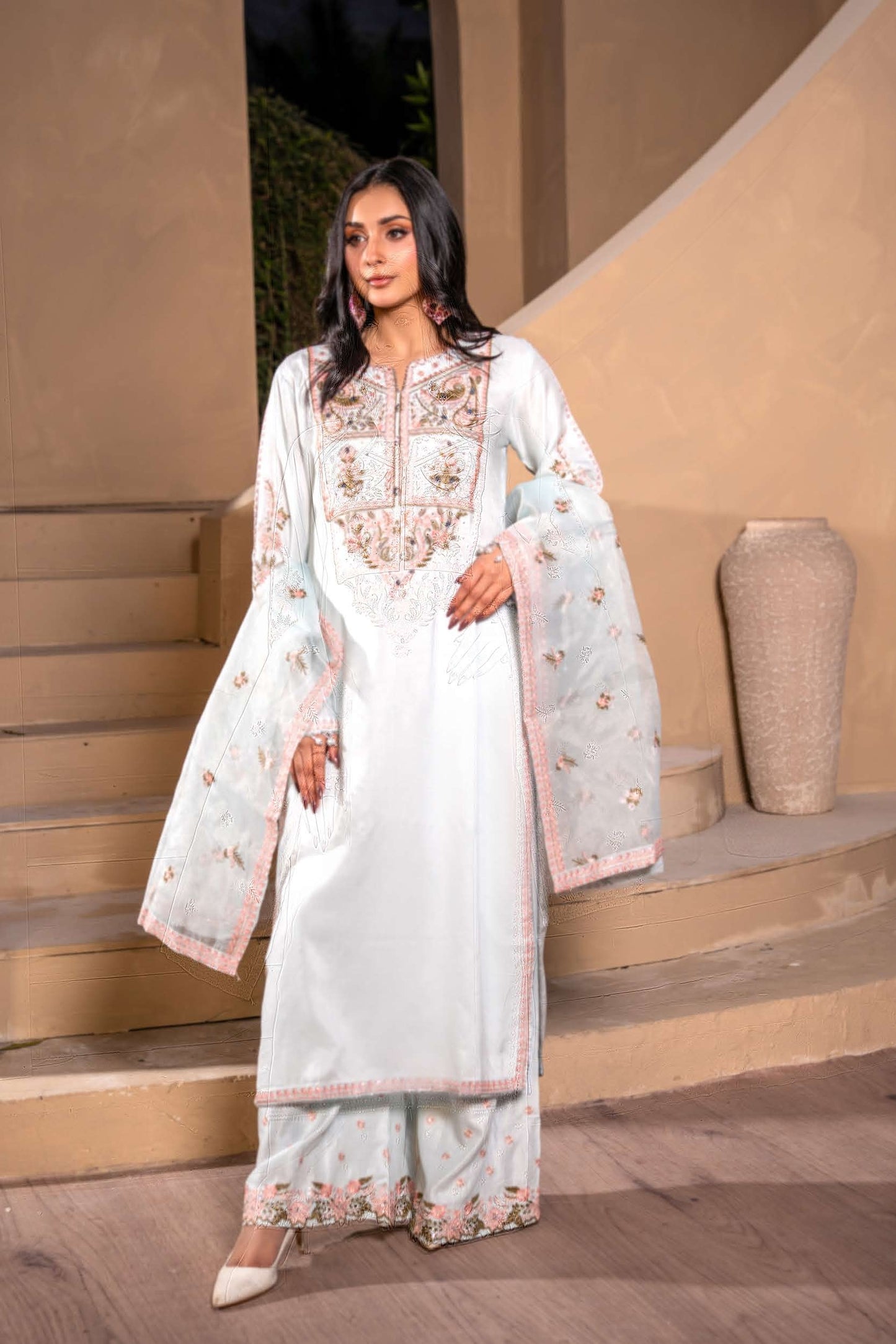 Mother Daughter Linen Embroidered - Mint Blue